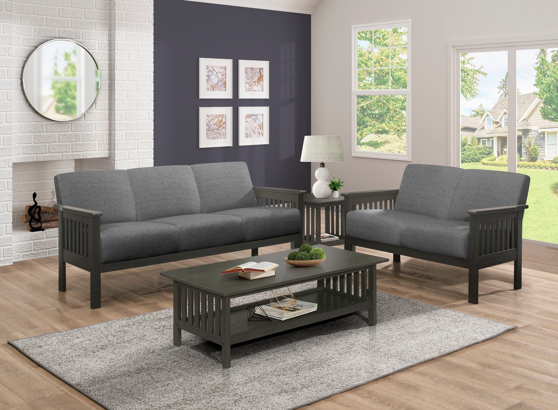 Gray fabric sofa with dark wood frame perfect for modern living rooms