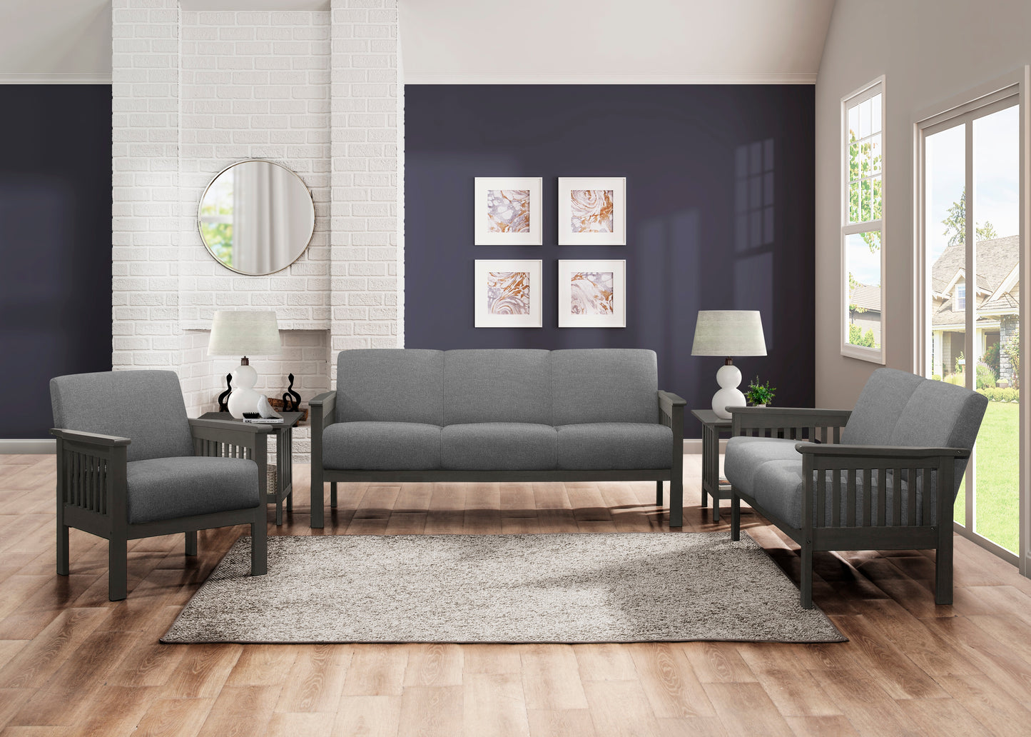Gray fabric sofa with dark wood frame in a modern living room setting