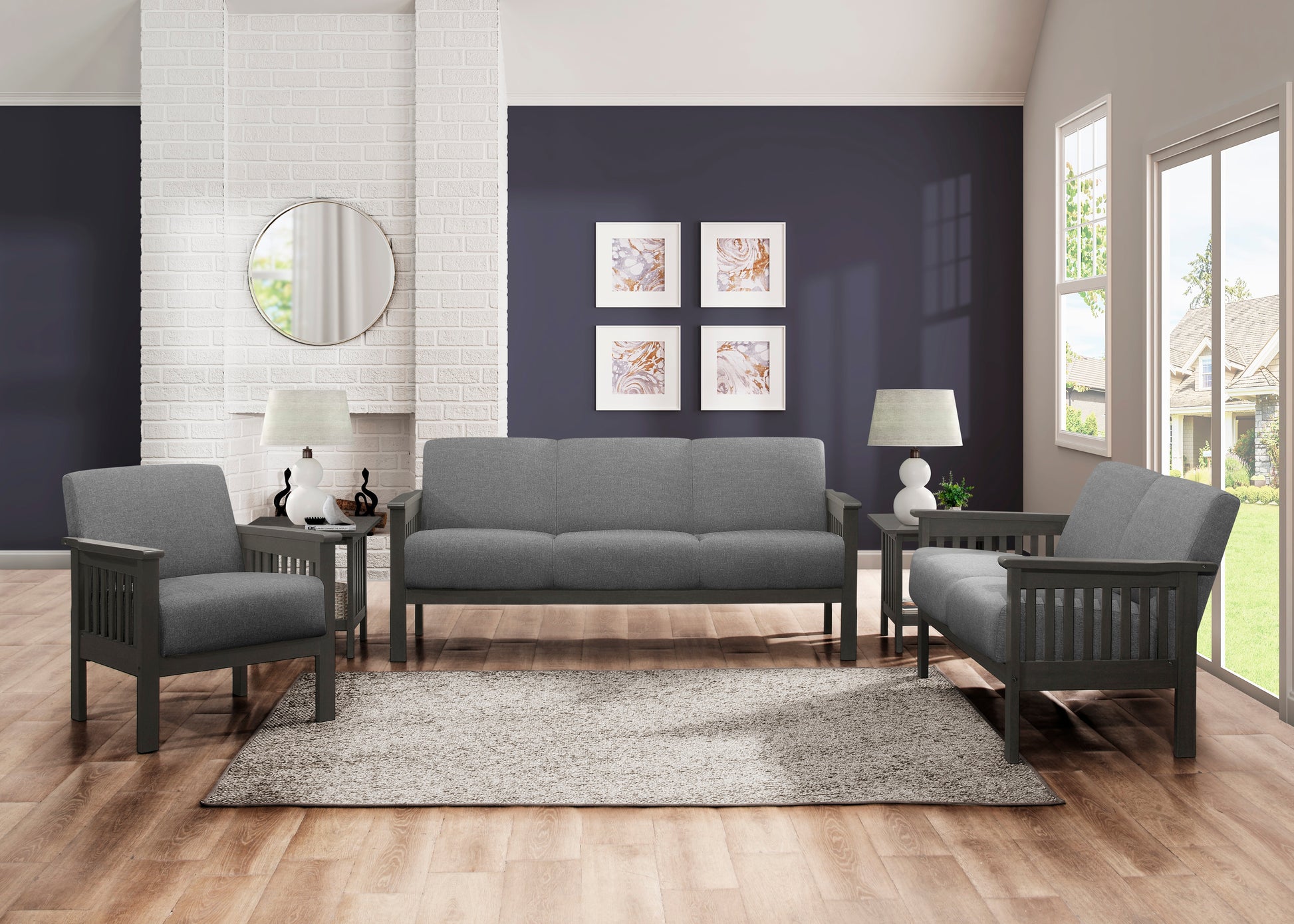 Gray fabric sofa with dark wood frame in a modern living room setting