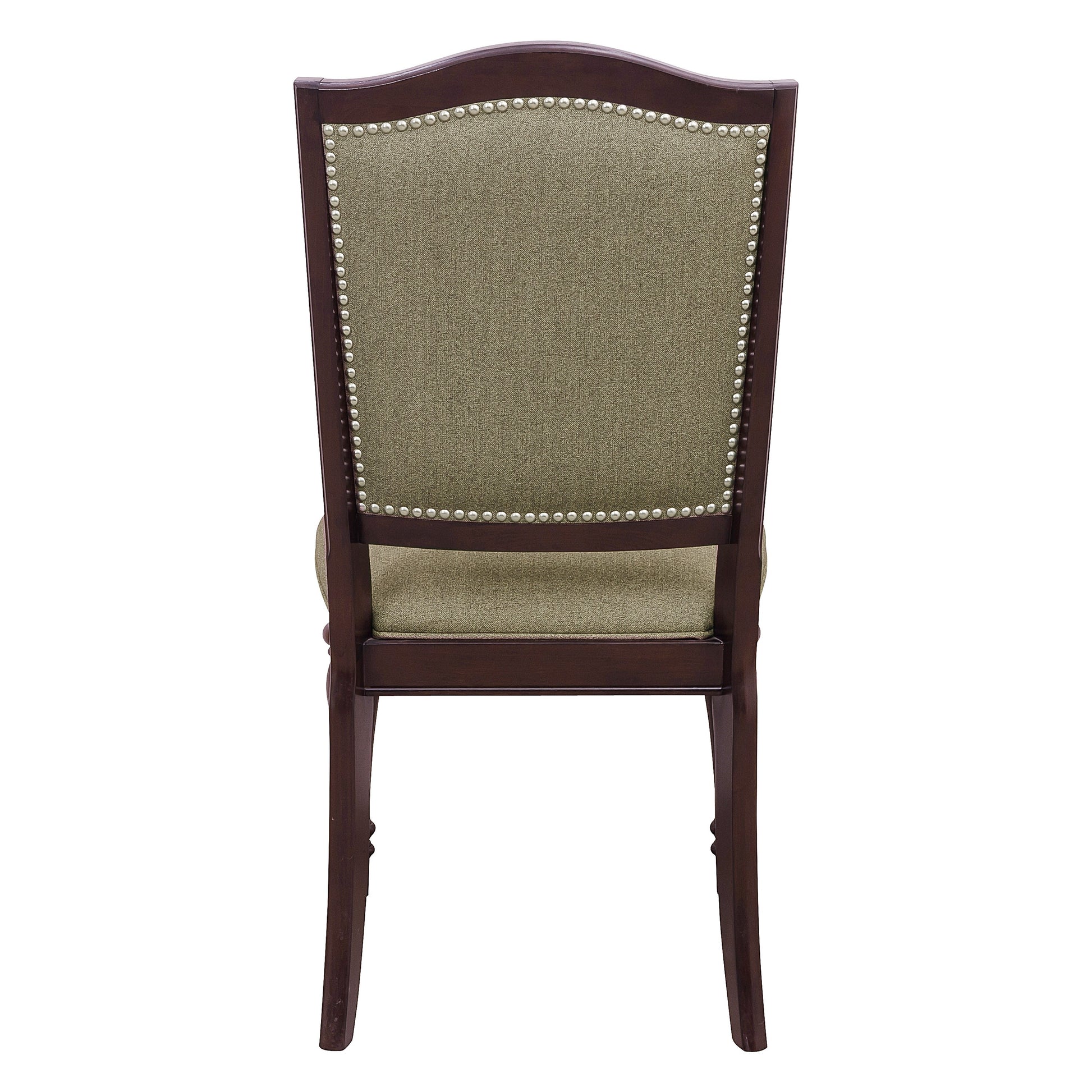 Dark wood dining chair with green upholstered back and nailhead trim