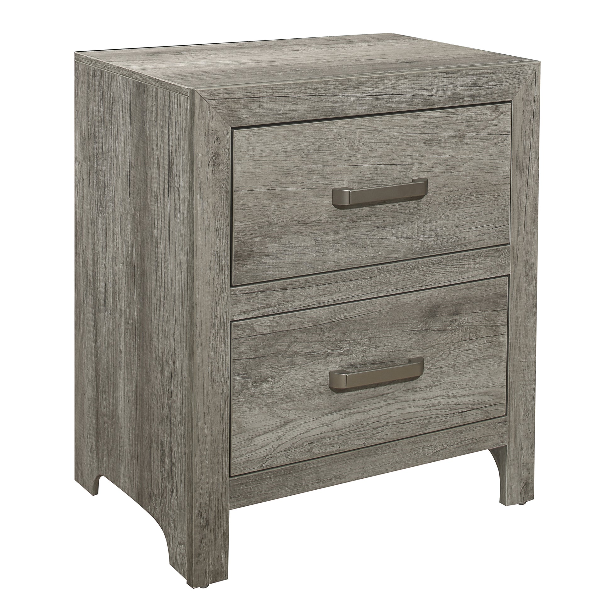 Gray wood finish twodrawer nightstand with brushed nickel handles