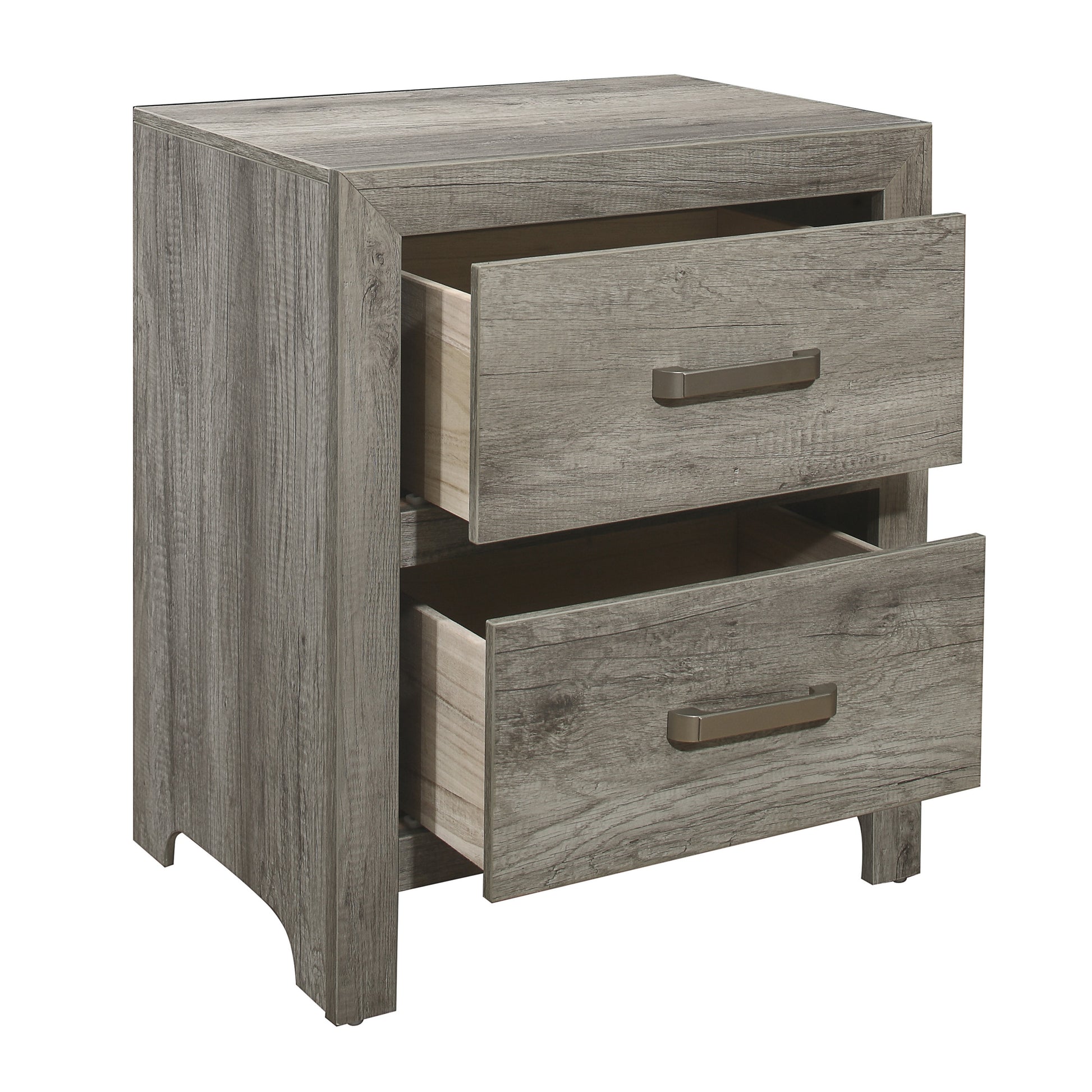 Gray wood grain twodrawer nightstand with brushed nickel handles