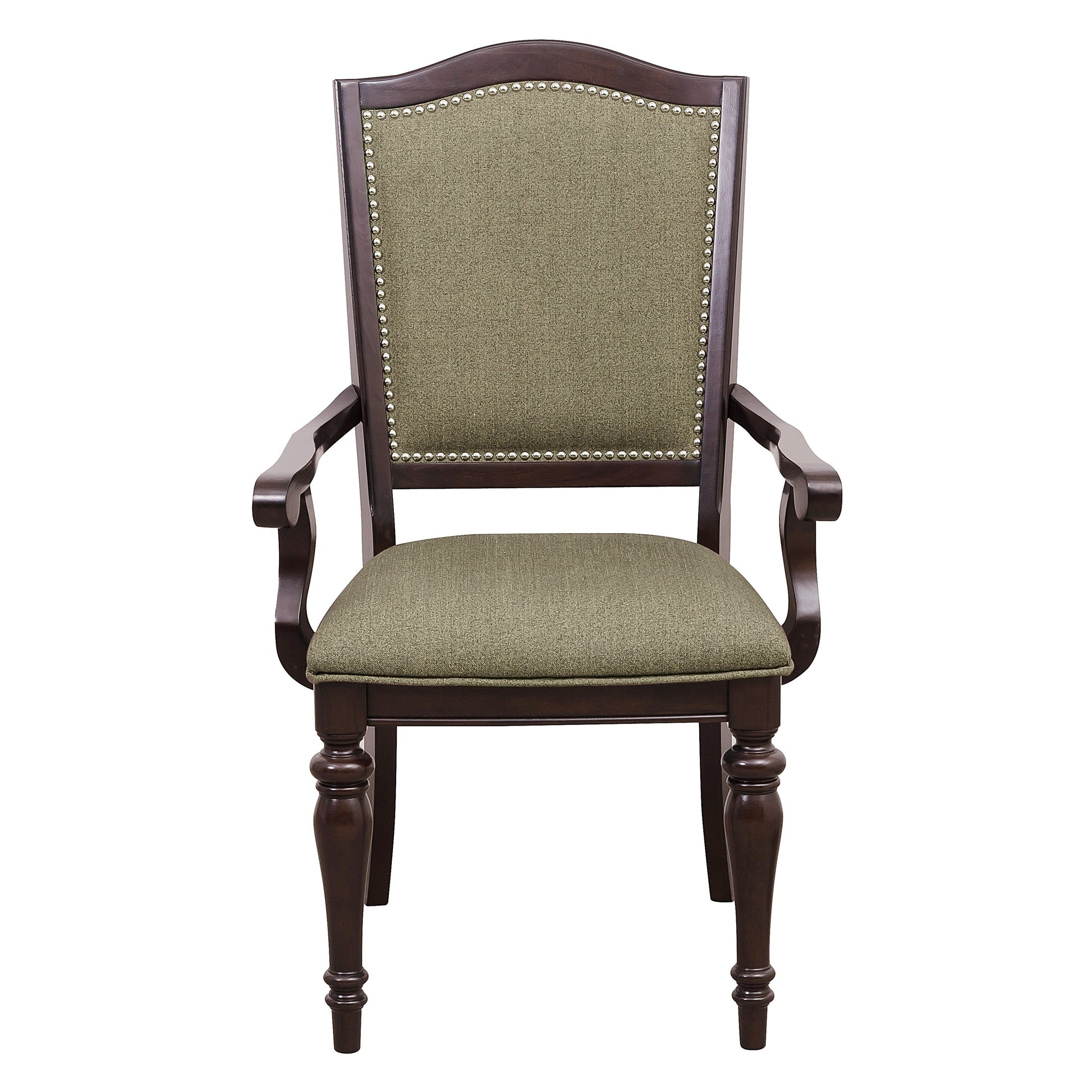 Dark brown wooden dining chair with textured green upholstery and nailhead trim