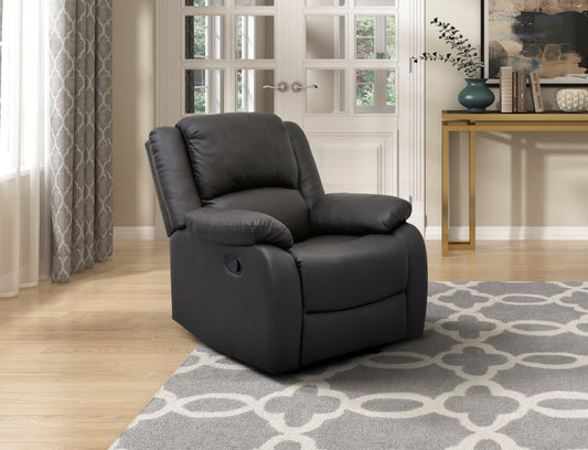 Dark grey faux leather recliner chair with plush cushioning and metal lever