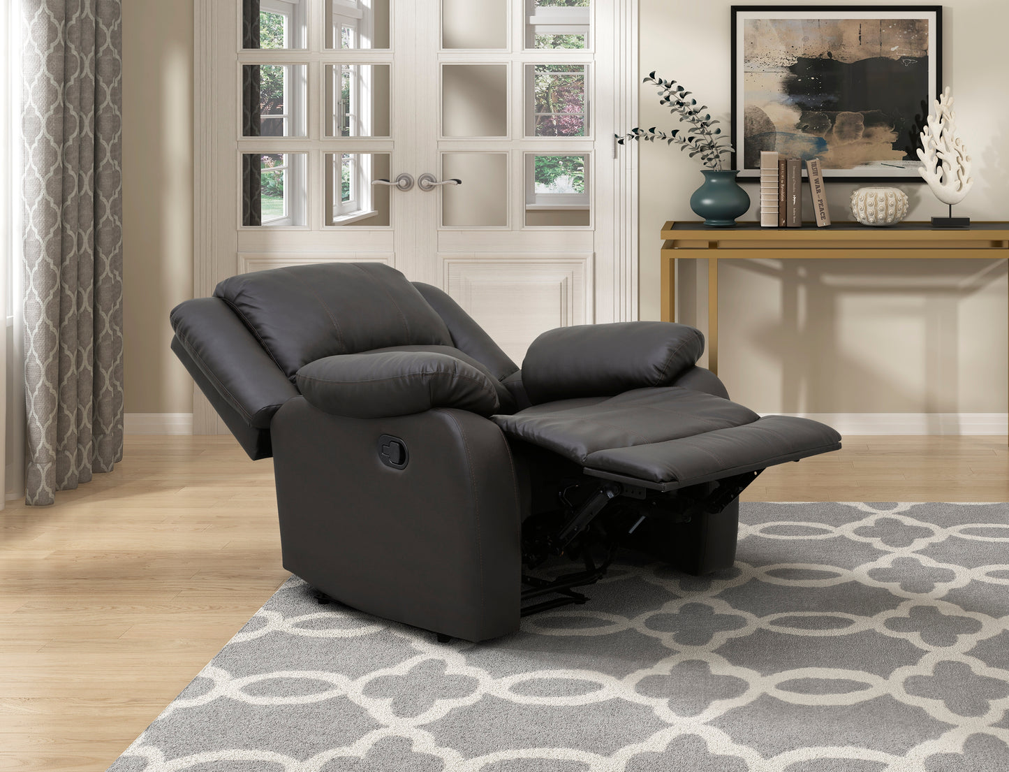 Dark brown leather recliner chair with plush cushioning and adjustable footrest
