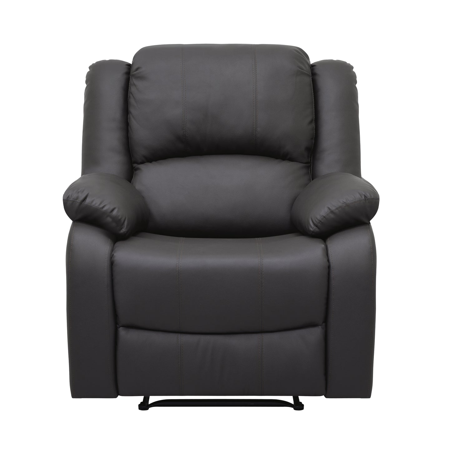 Dark brown leather recliner chair with stitched detailing and padded arms