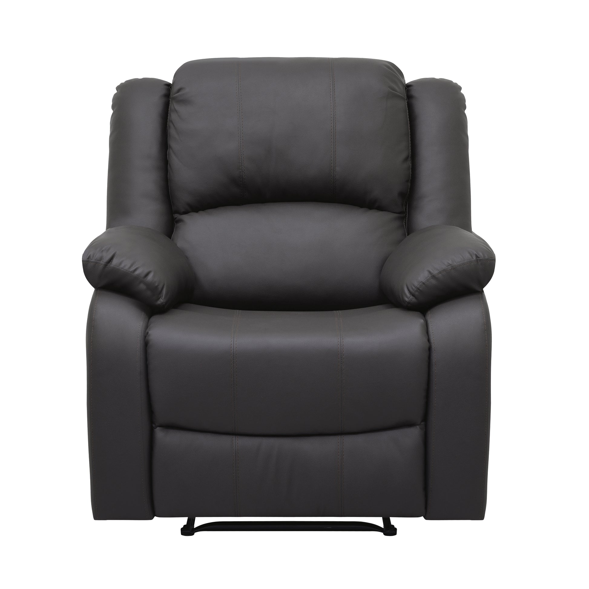 Dark brown leather recliner chair with stitched detailing and padded arms