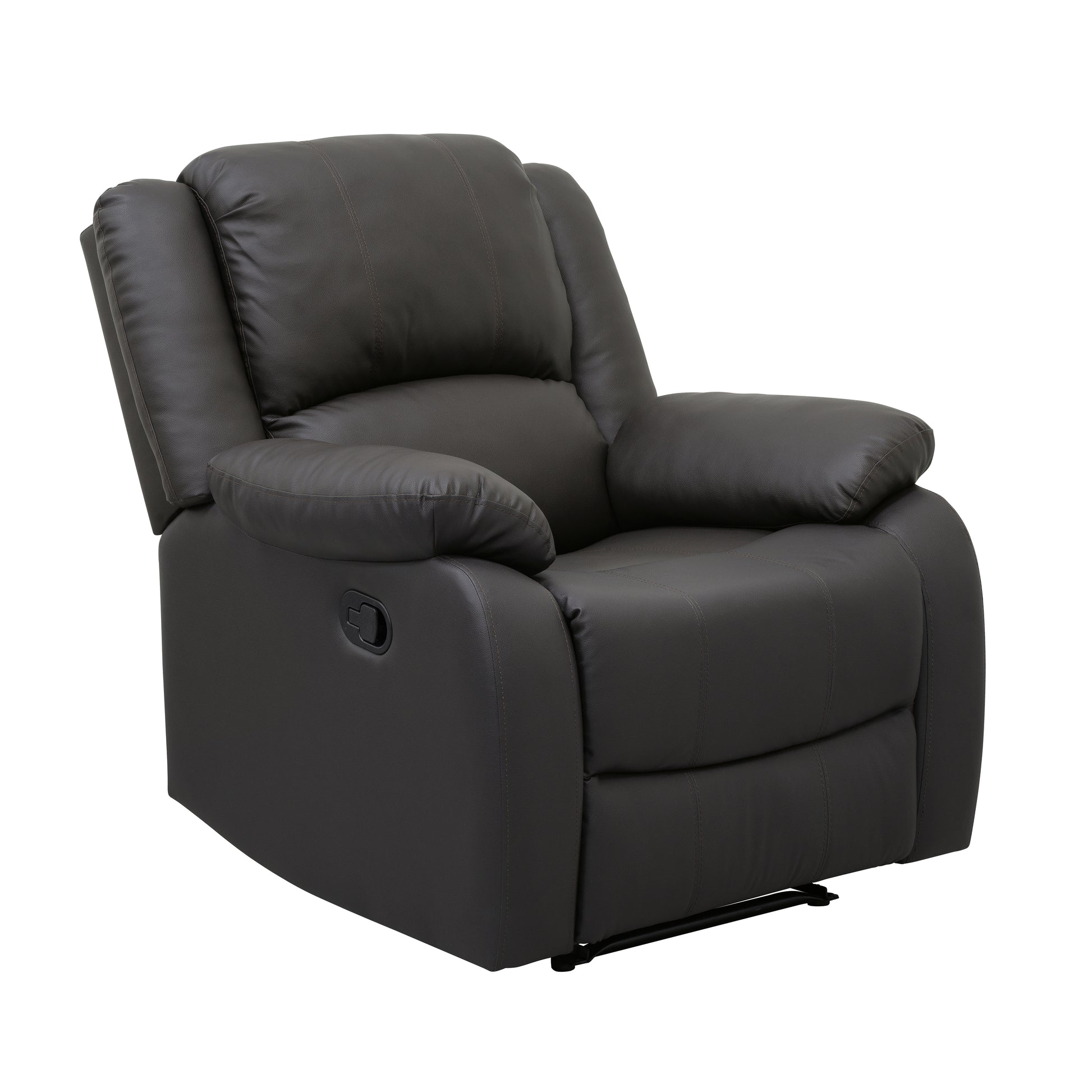 Plush dark gray faux leather recliner chair with padded arms and headrest