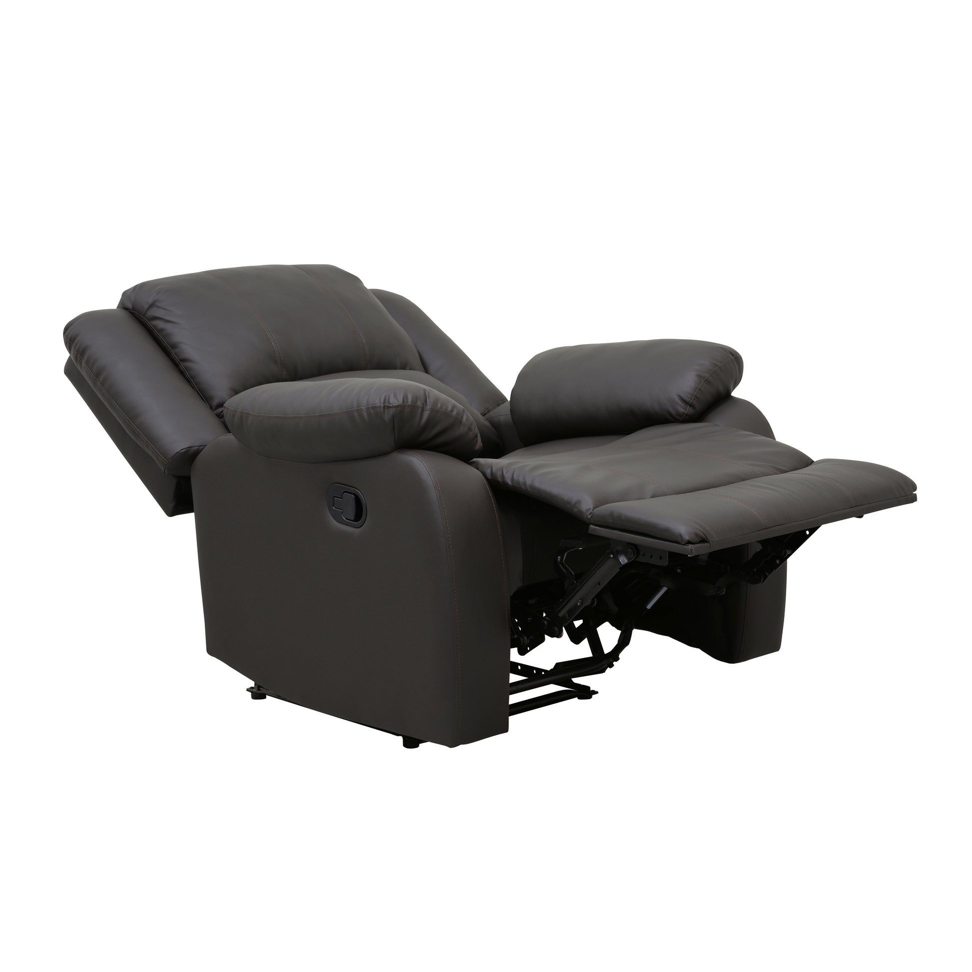 Dark brown leather recliner chair with extended footrest and reclined backrest