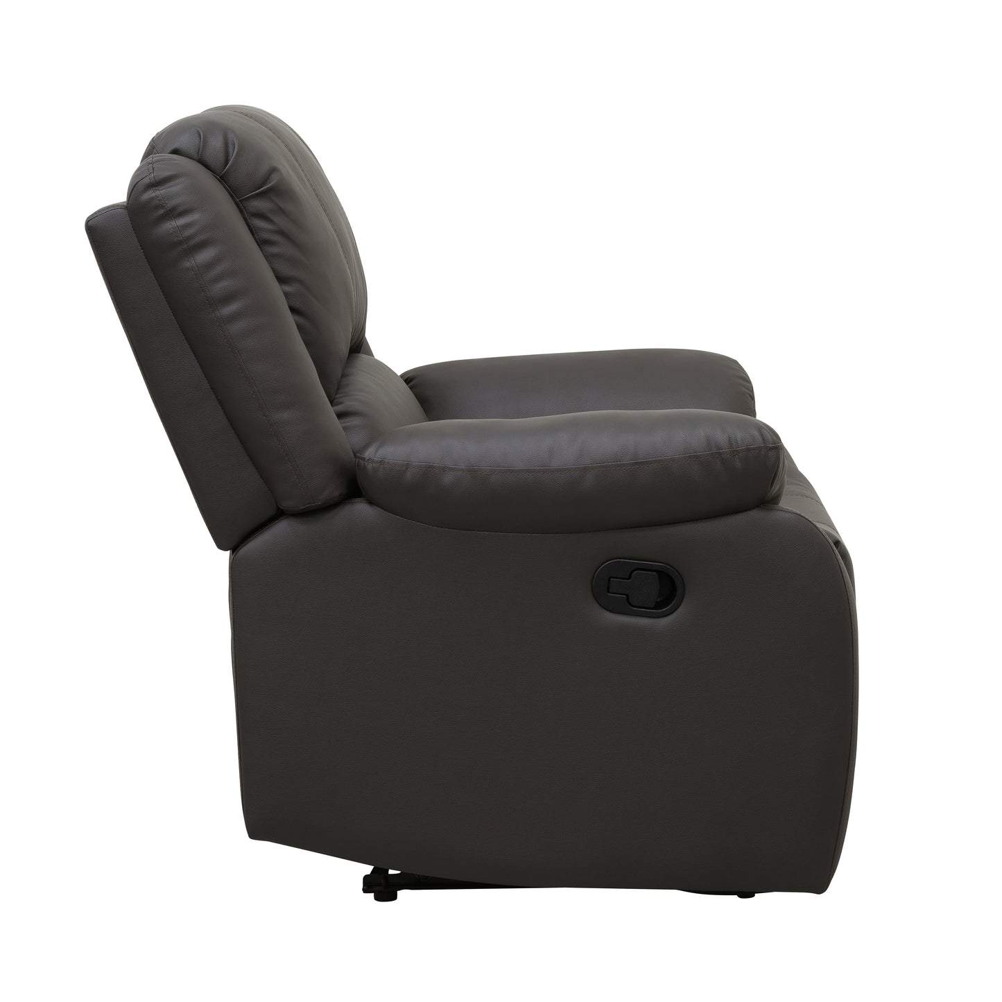Dark brown leather recliner chair with plush cushioning and side lever for reclining