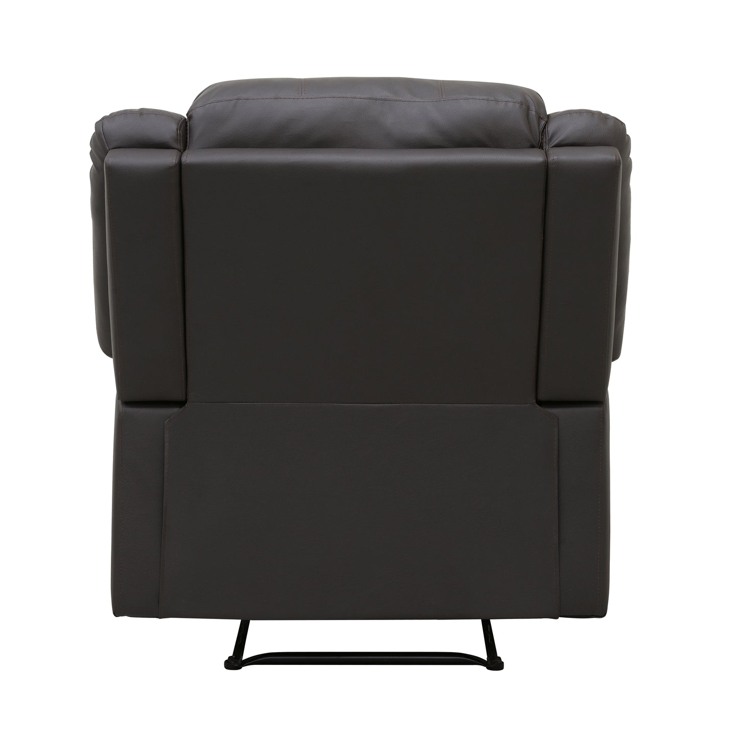 Back view of a dark brown bonded leather recliner chair with plush cushioning and stitching