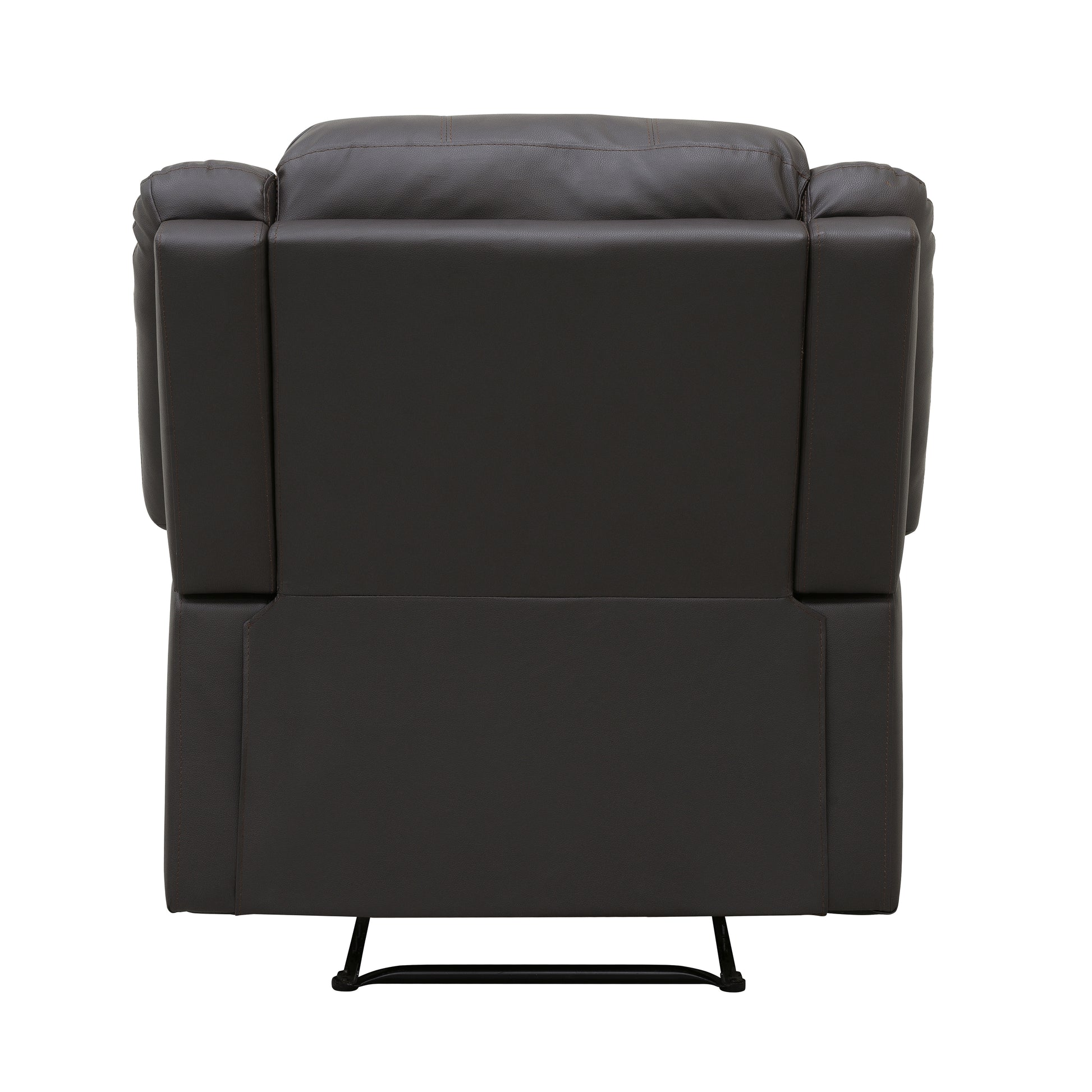 Back view of a dark brown bonded leather recliner chair with plush cushioning and stitching