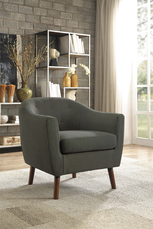 Dark grey upholstered armchair with wooden legs perfect for modern living rooms