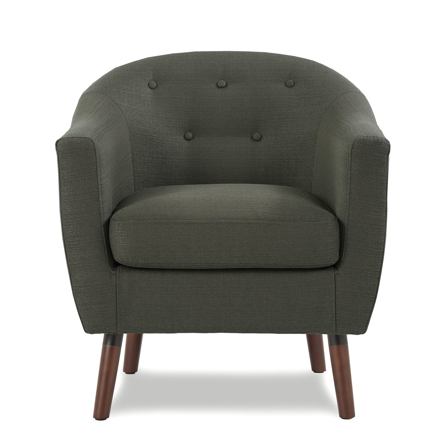 Tufted dark grey armchair with wooden legs perfect for a modern living room