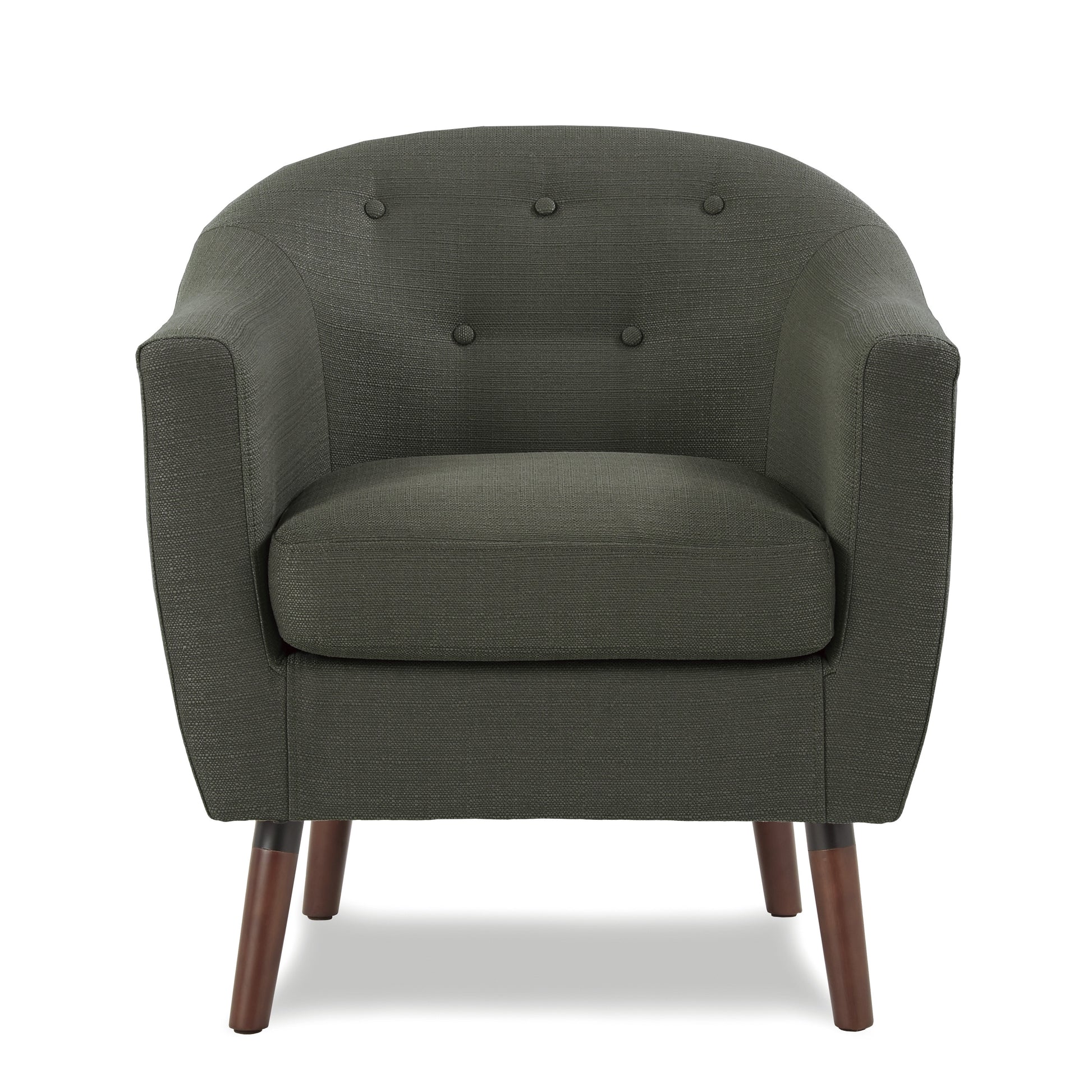 Tufted dark grey armchair with wooden legs perfect for a modern living room
