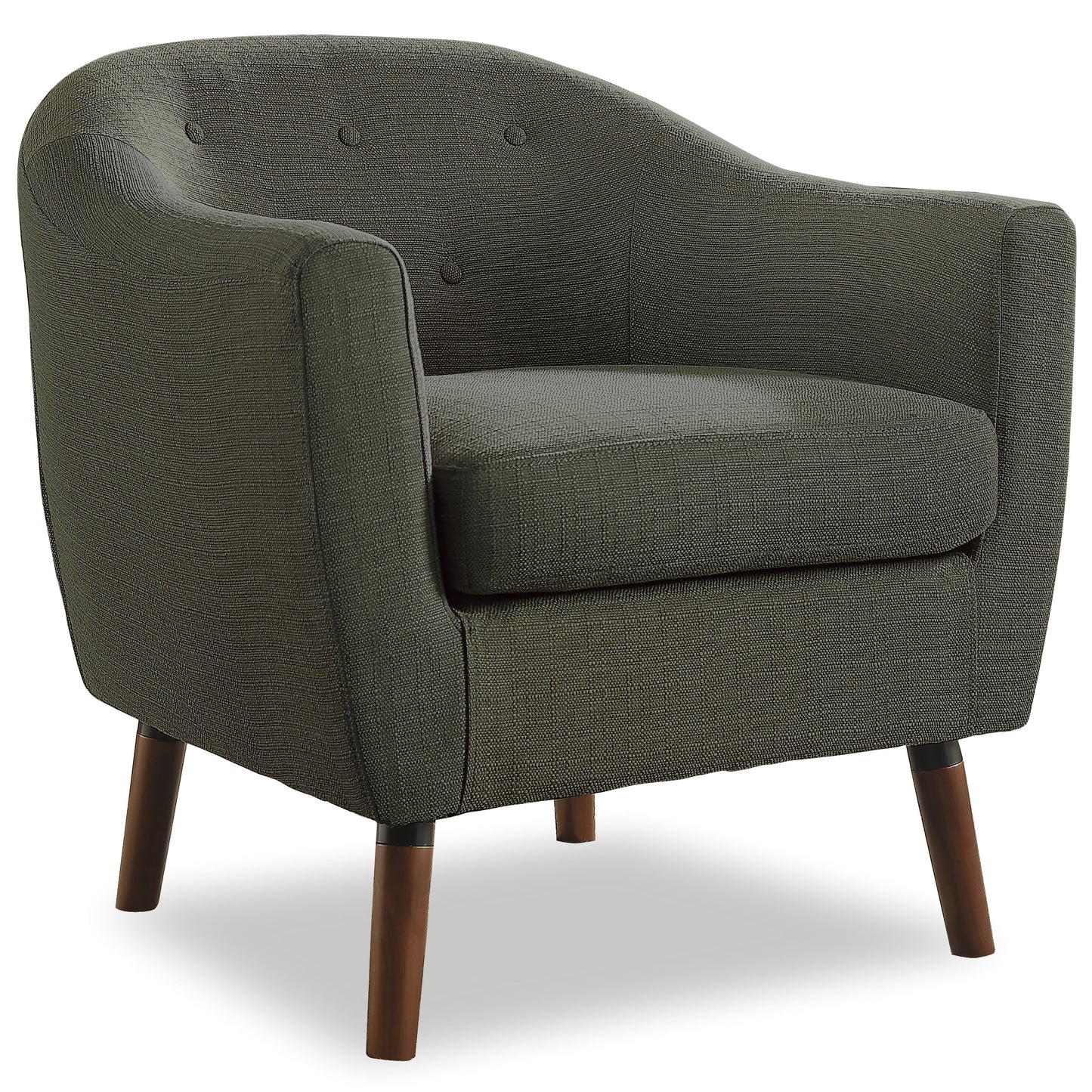 Textured charcoal fabric armchair with tufted back and tapered wooden legs