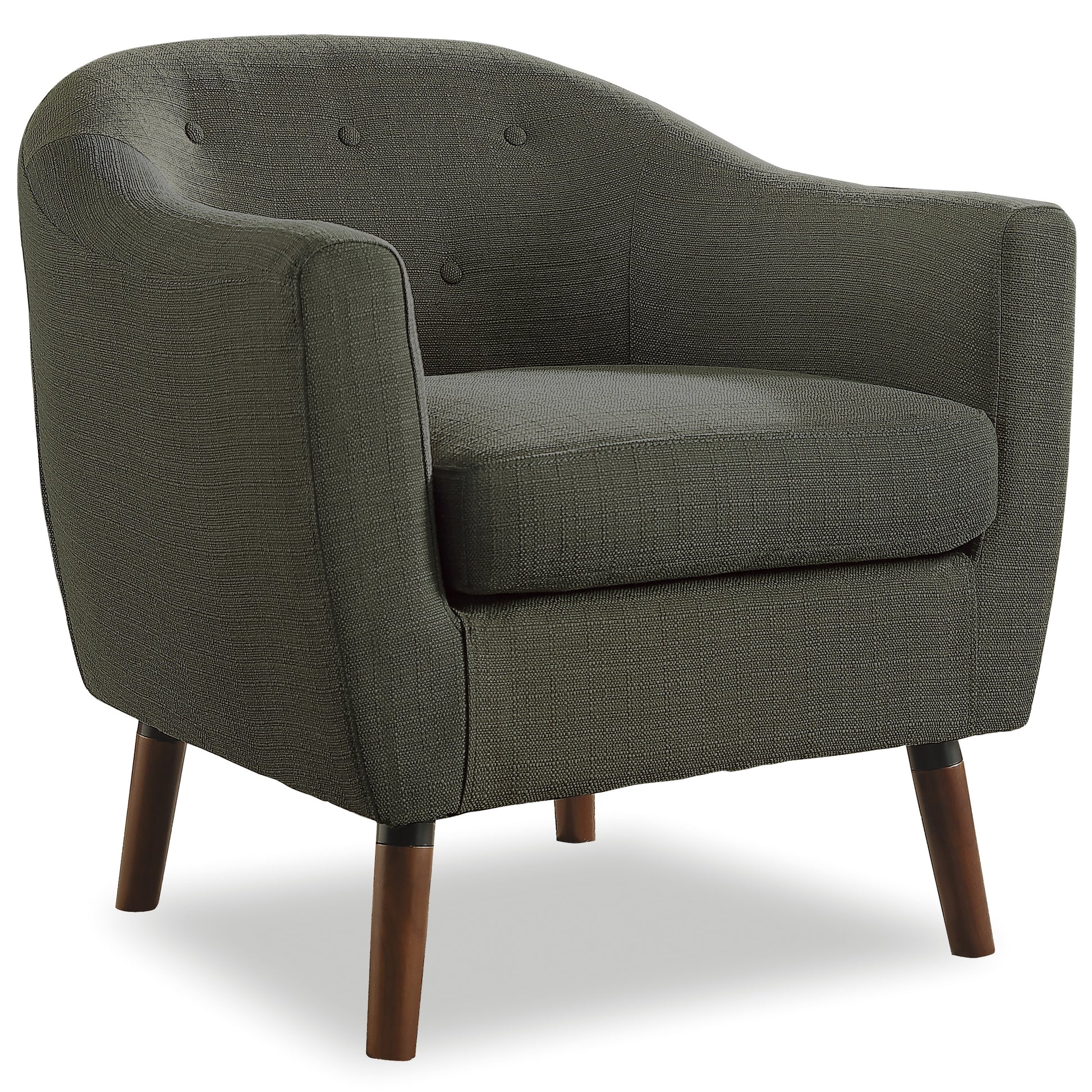 Textured charcoal fabric armchair with tufted back and tapered wooden legs