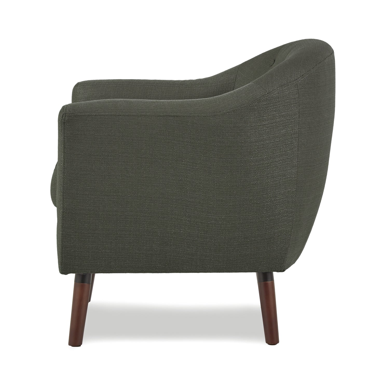 Dark gray upholstered armchair with tapered wooden legs and a modern silhouette