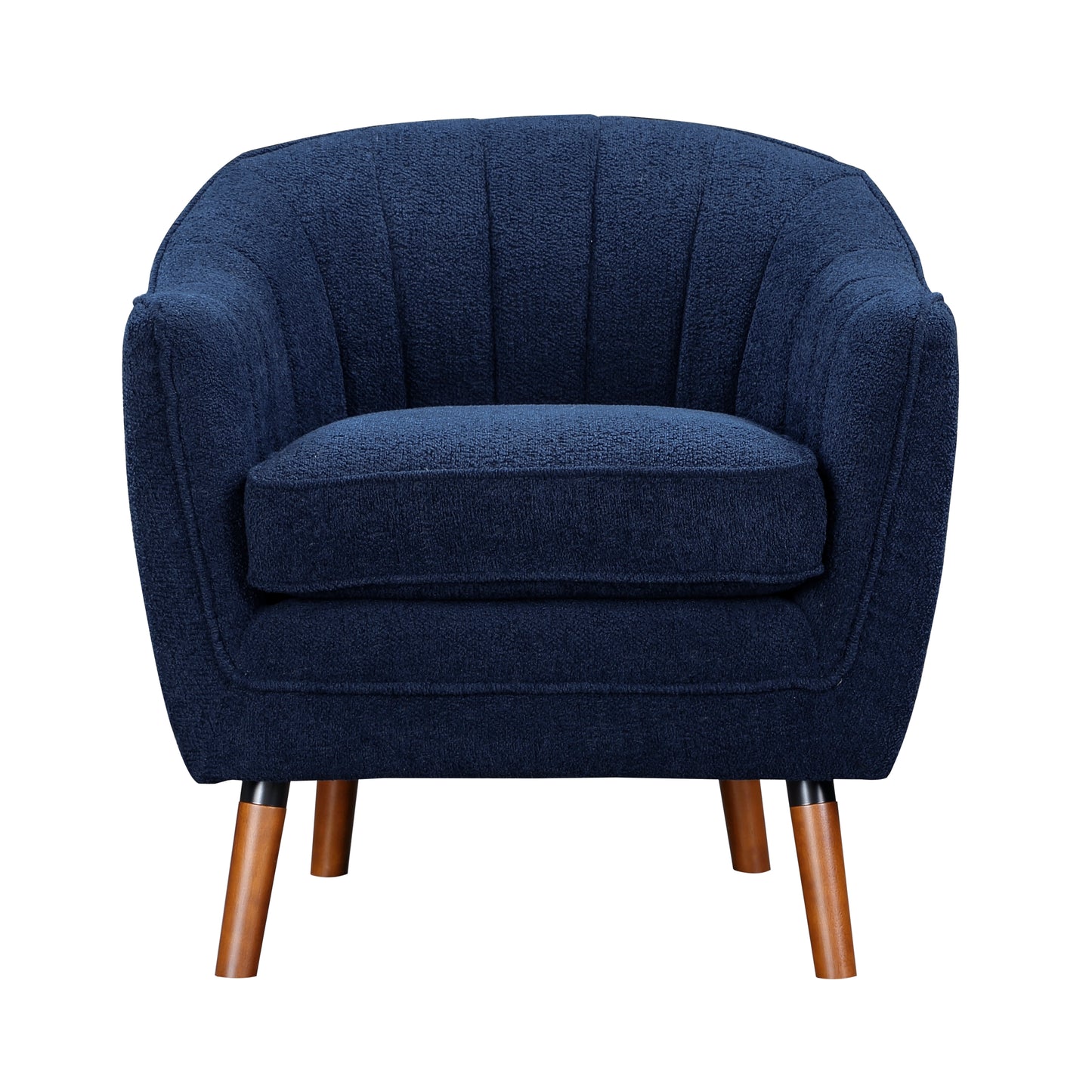 Plush navy fabric armchair with channel tufting and tapered wooden legs for a modern living room