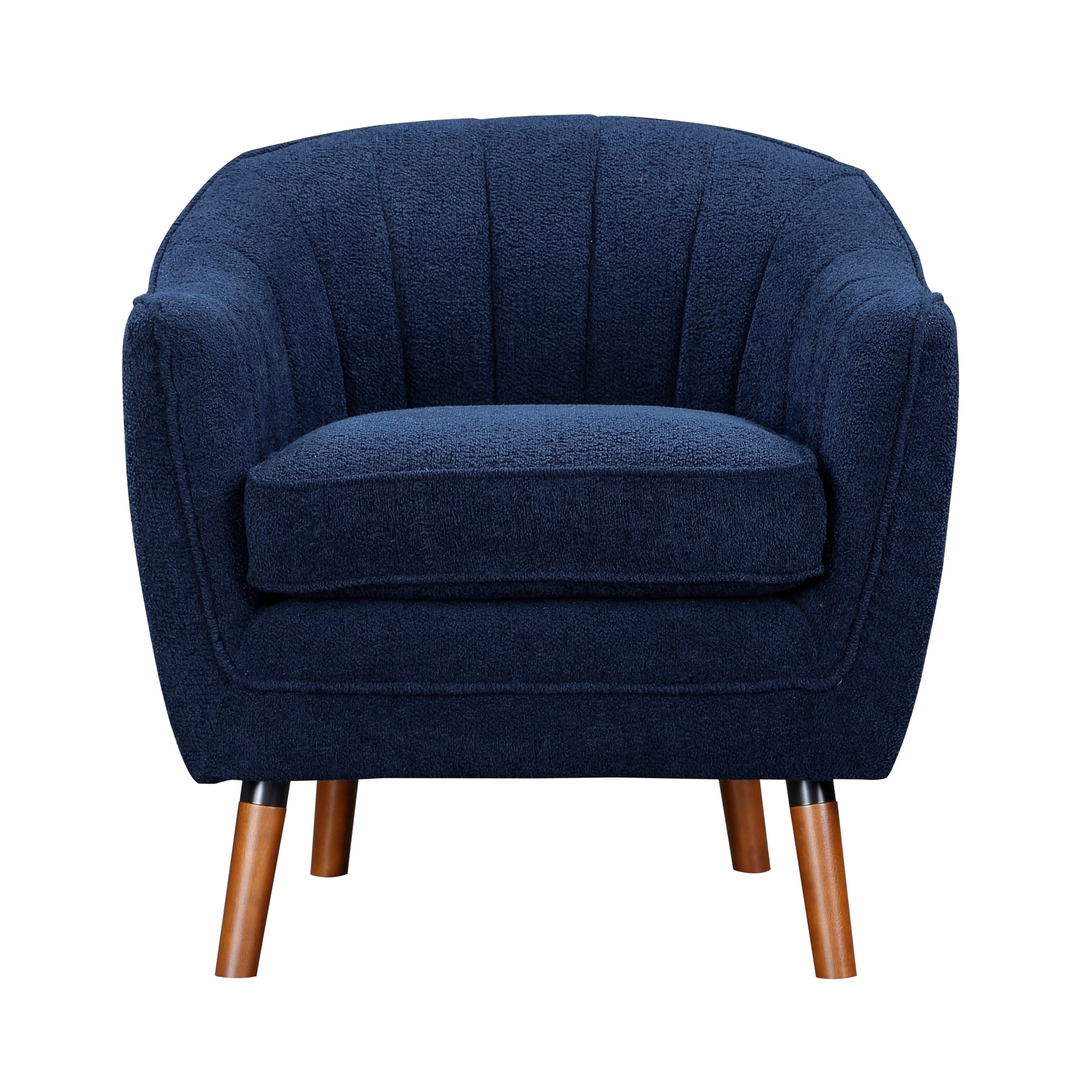 Plush navy fabric armchair with channel tufting and tapered wooden legs for a modern living room
