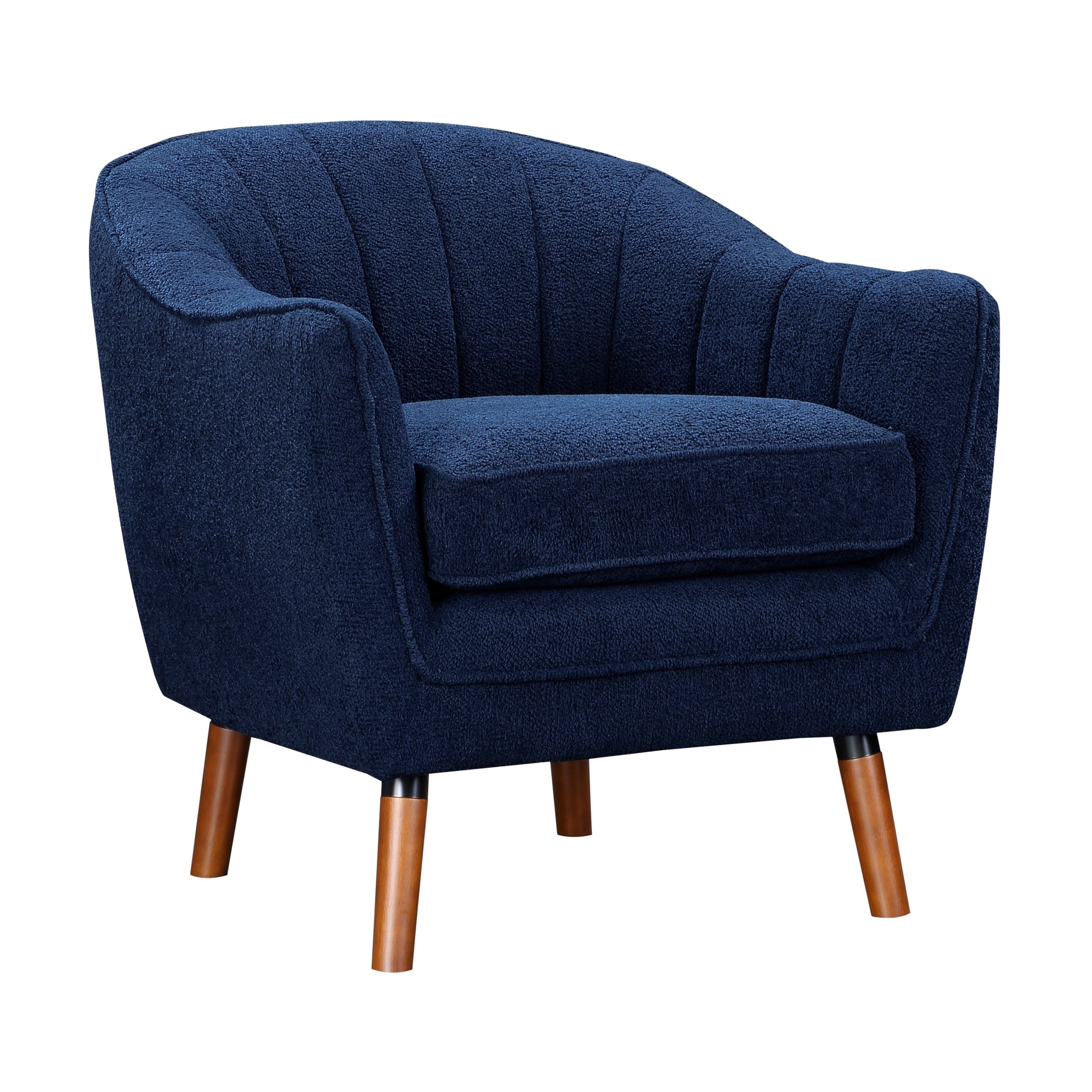 Navy blue textured armchair with channel tufting and wooden legs