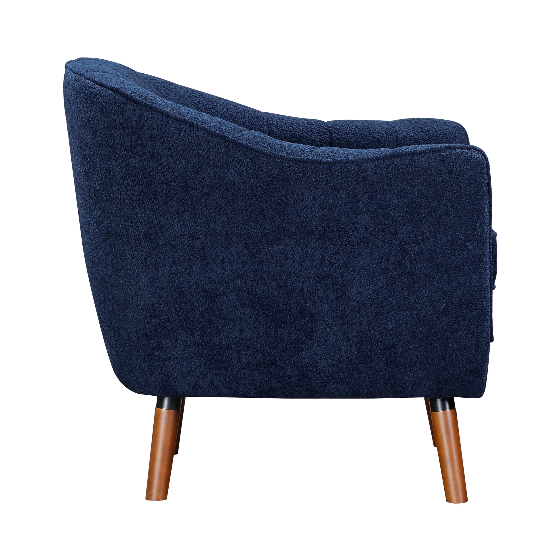 Navy blue velvet armchair with tapered wooden legs midcentury modern style