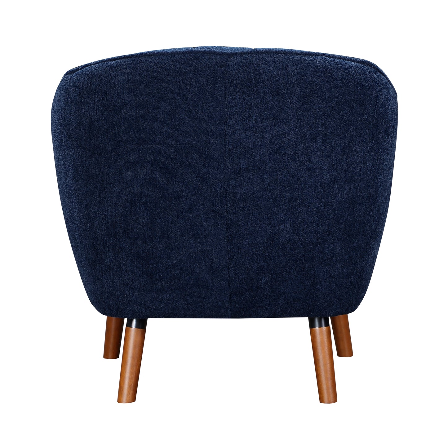 Dark blue plush accent chair with tapered wooden legs
