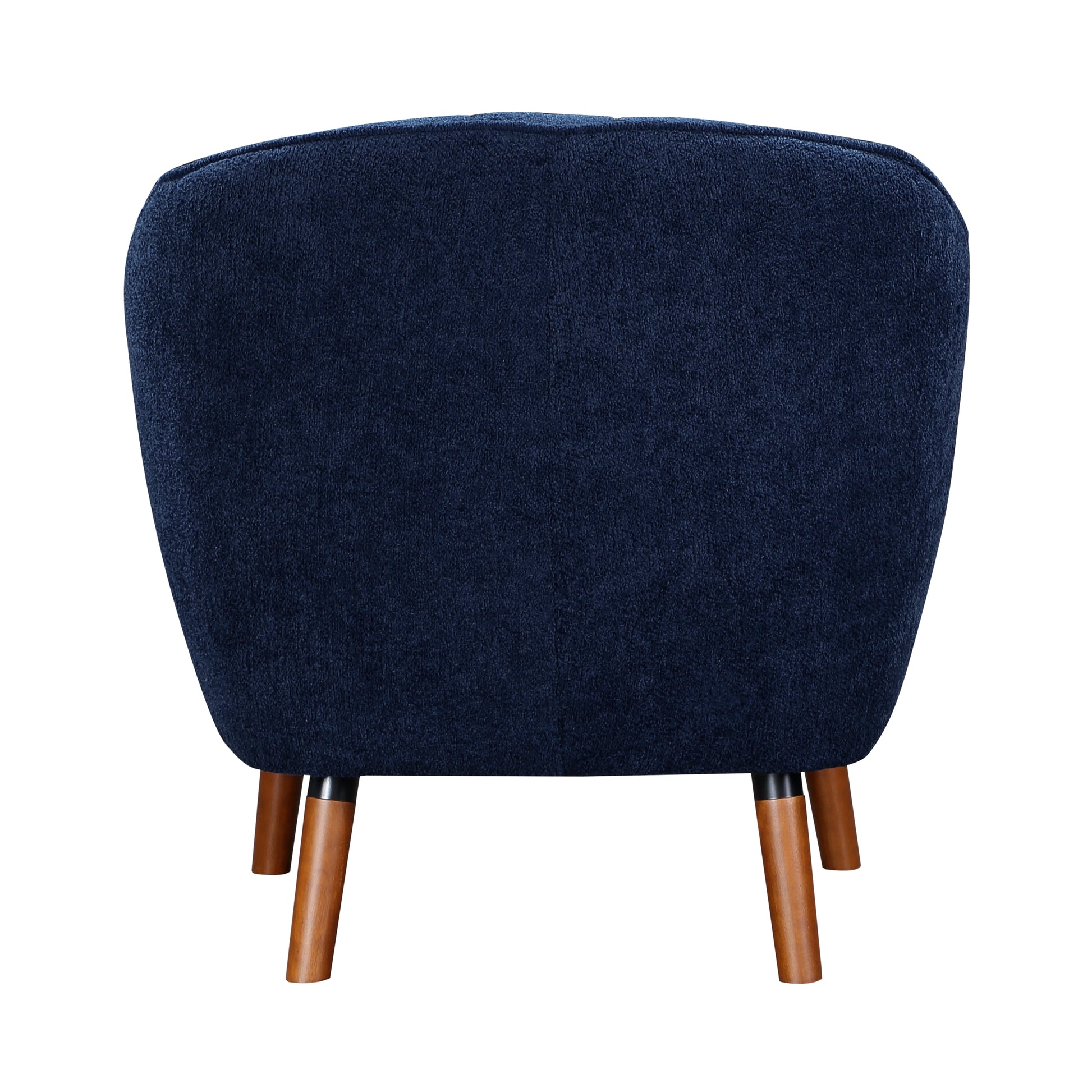 Dark blue plush accent chair with tapered wooden legs