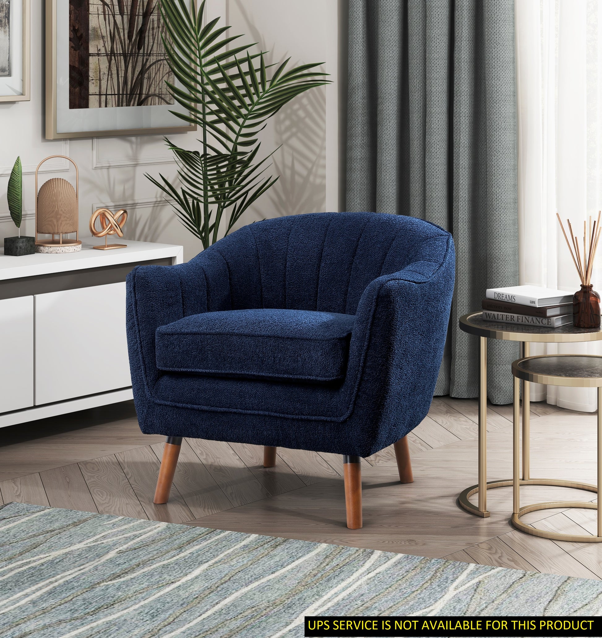Dark blue textured accent chair with channel tufting and wooden legs