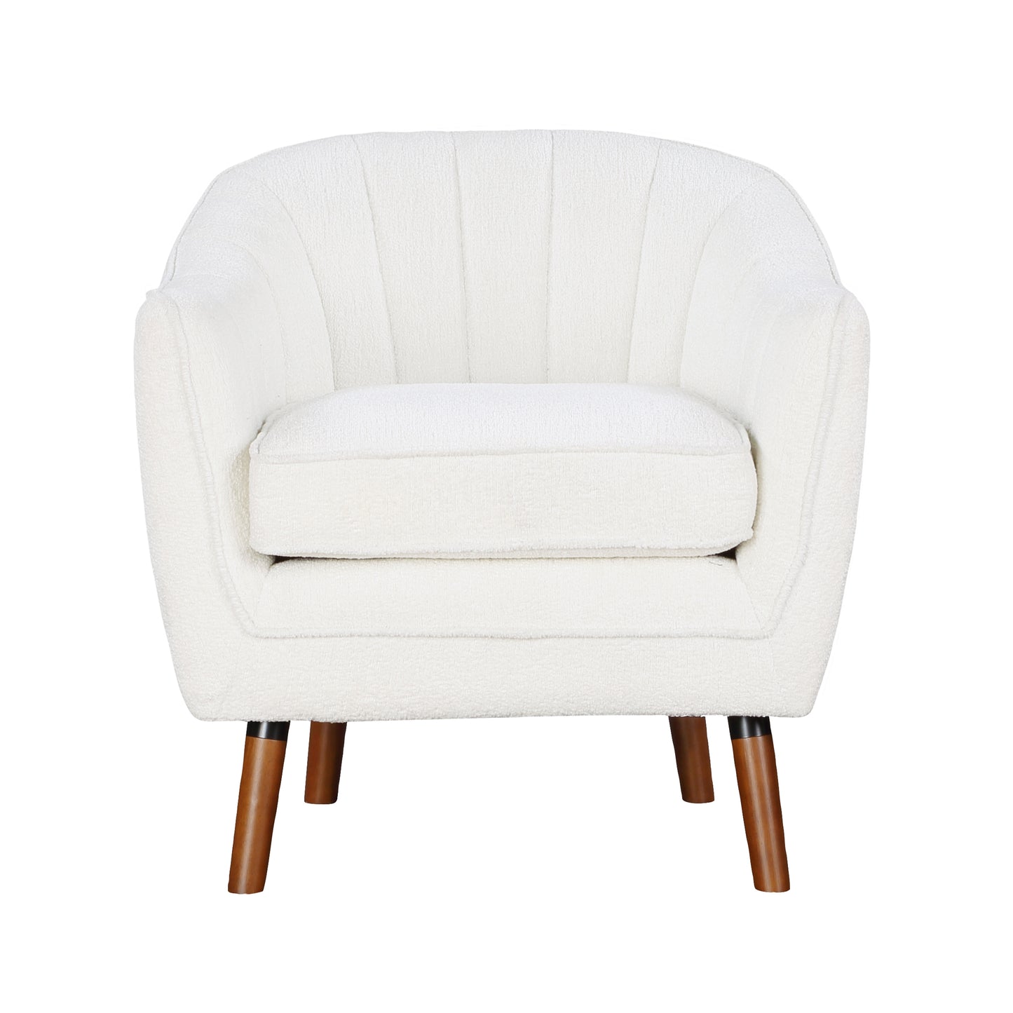 Textured cream boucle armchair with channel tufting and tapered wooden legs for modern living rooms