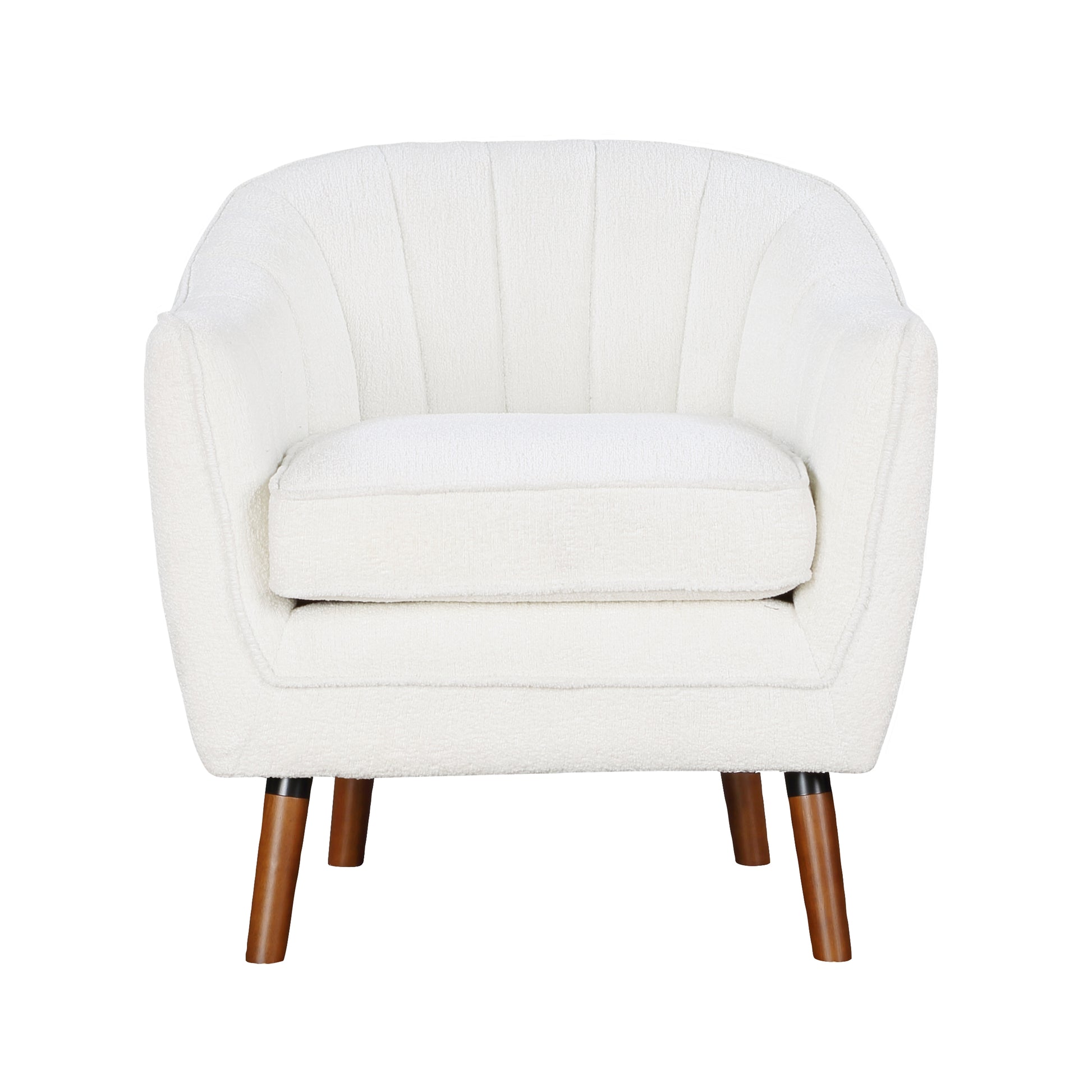 Textured cream boucle armchair with channel tufting and tapered wooden legs for modern living rooms