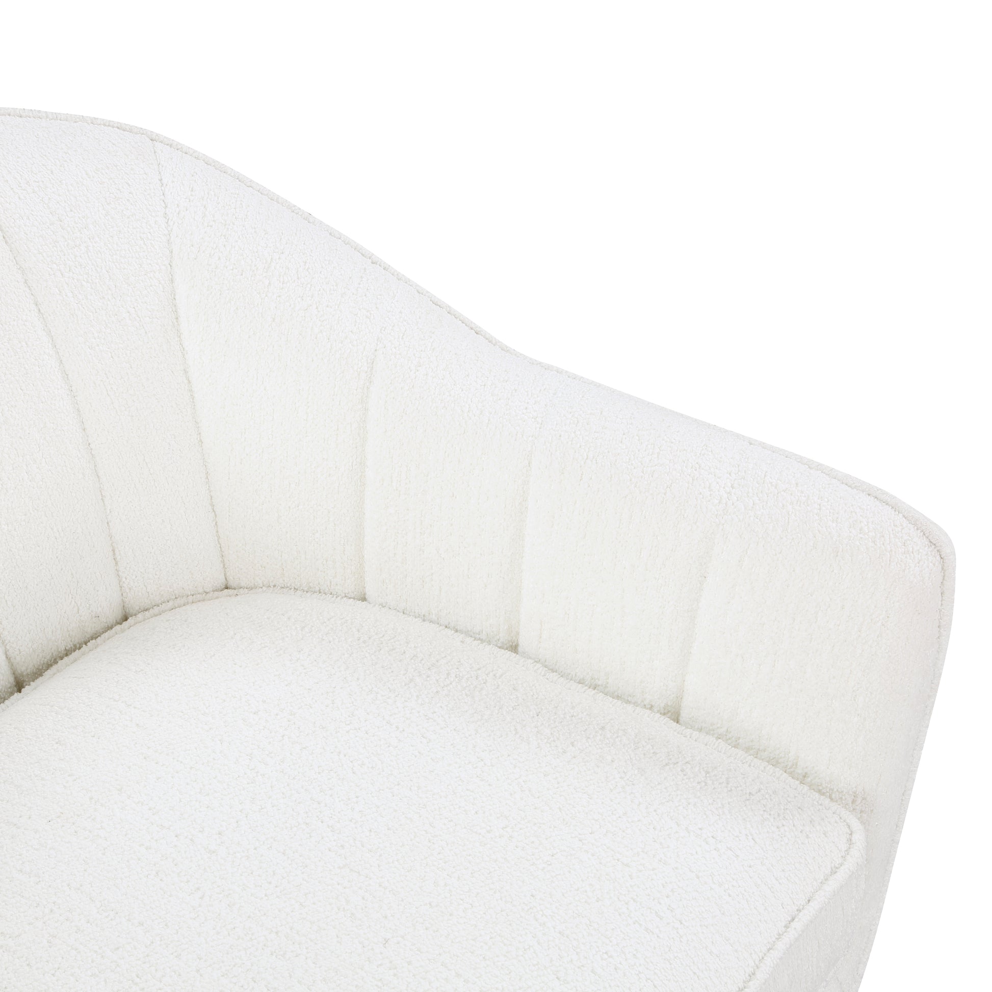 Closeup of plush white boucl armchair seat and channeled backrest
