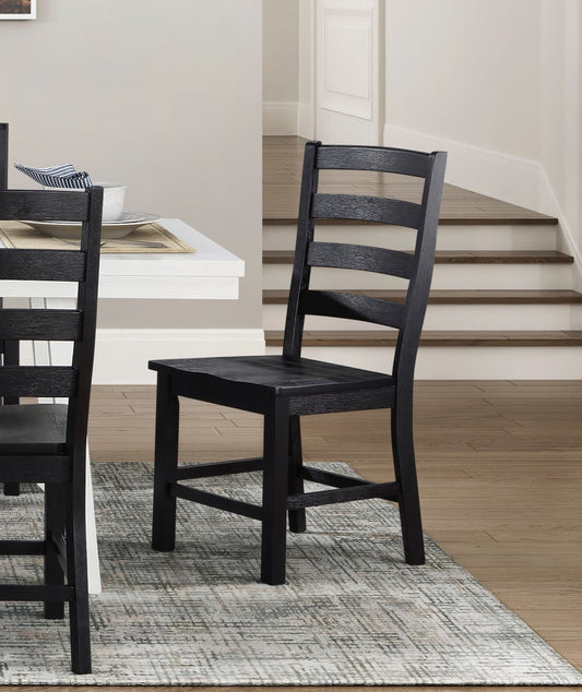 Black ladder back dining chair with a textured wood finish