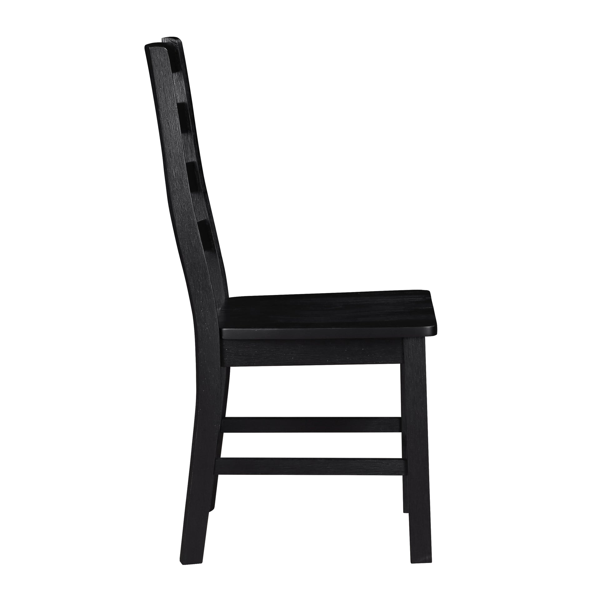 Black wooden dining chair with ladder back design side profile view
