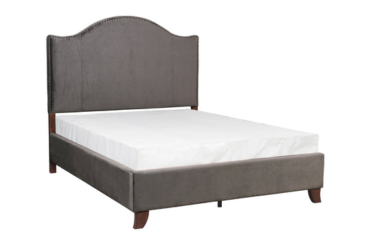 Upholstered grey velvet bed frame with studded headboard and white mattress Queen size