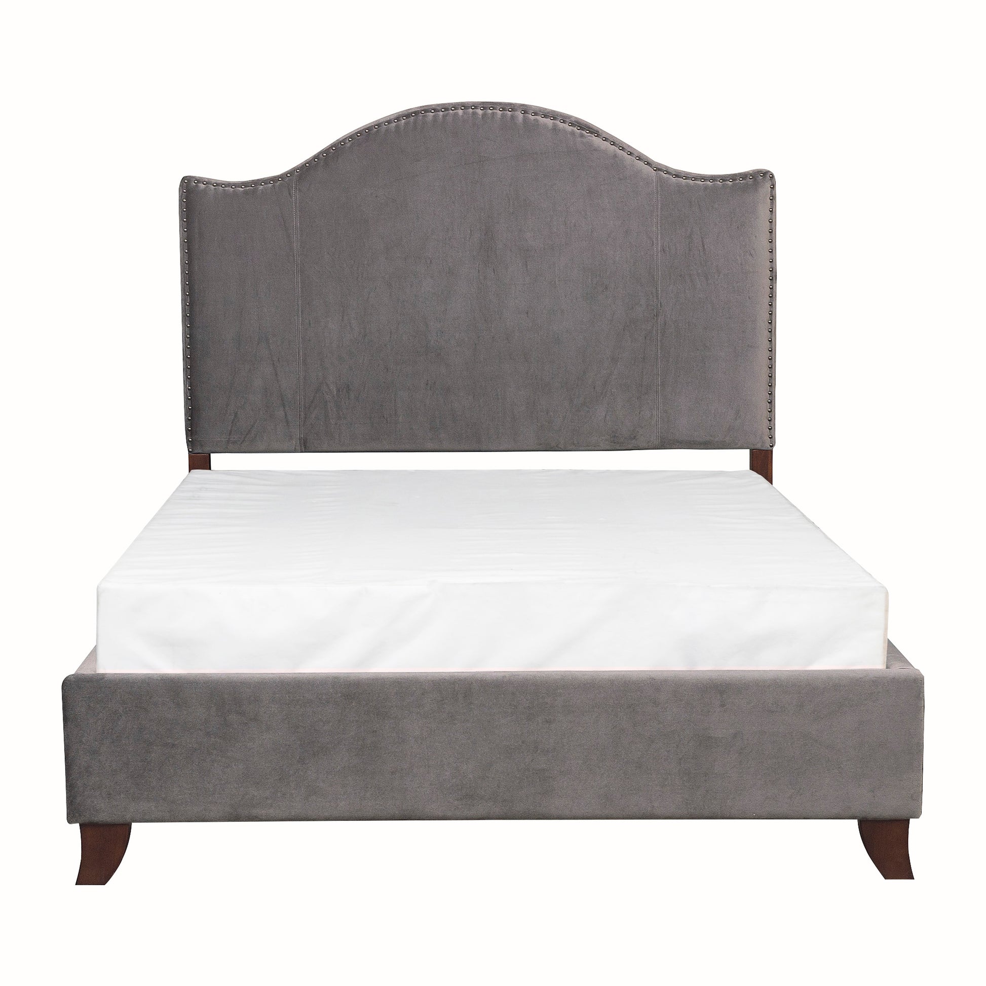 Charcoal gray velvet upholstered queen bed frame with nailhead trim and white mattress