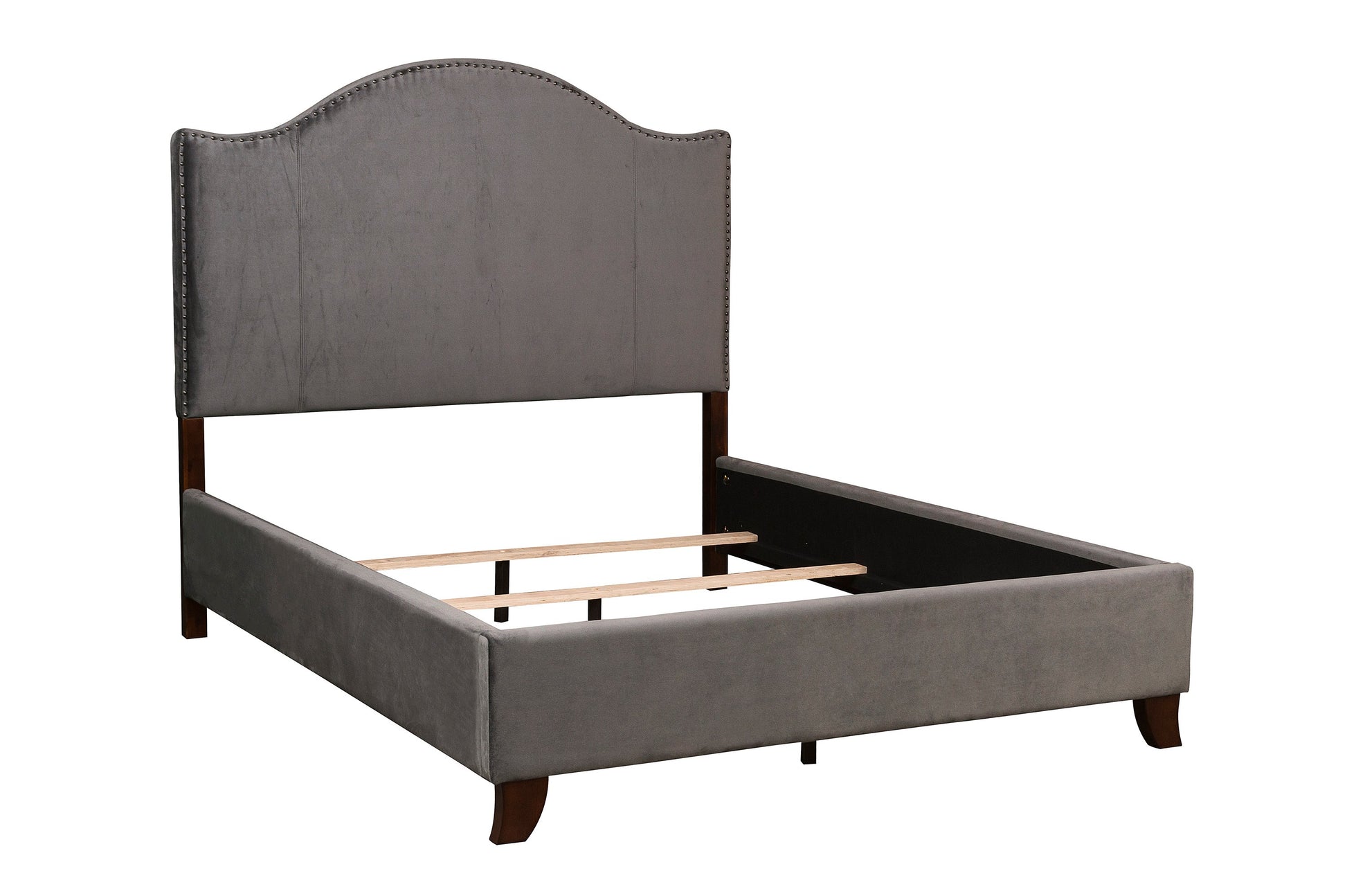 Grey velvet upholstered bed frame with curved nailheadtrimmed headboard