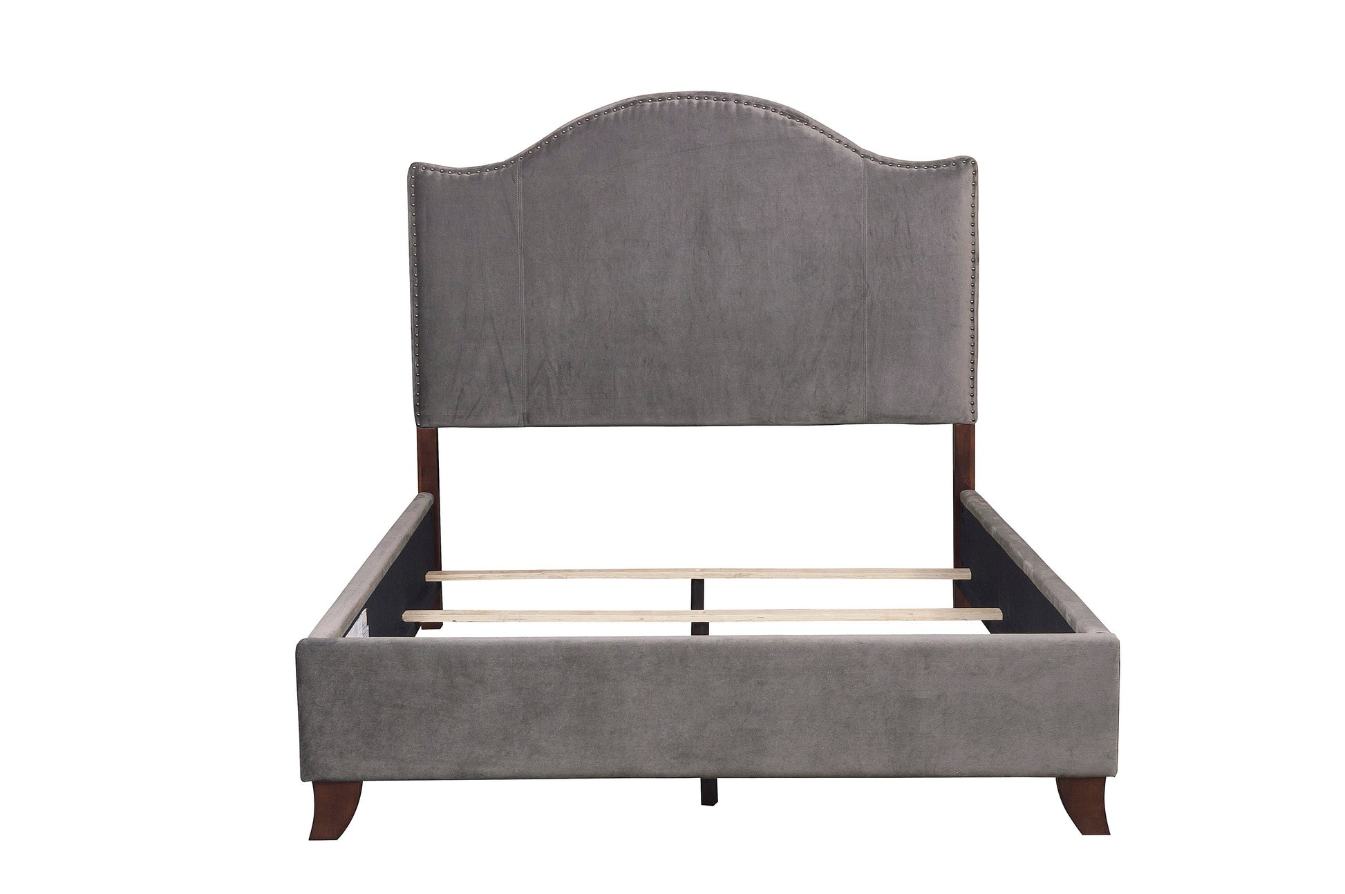 Gray upholstered bed frame with nailhead trim and arched headboard