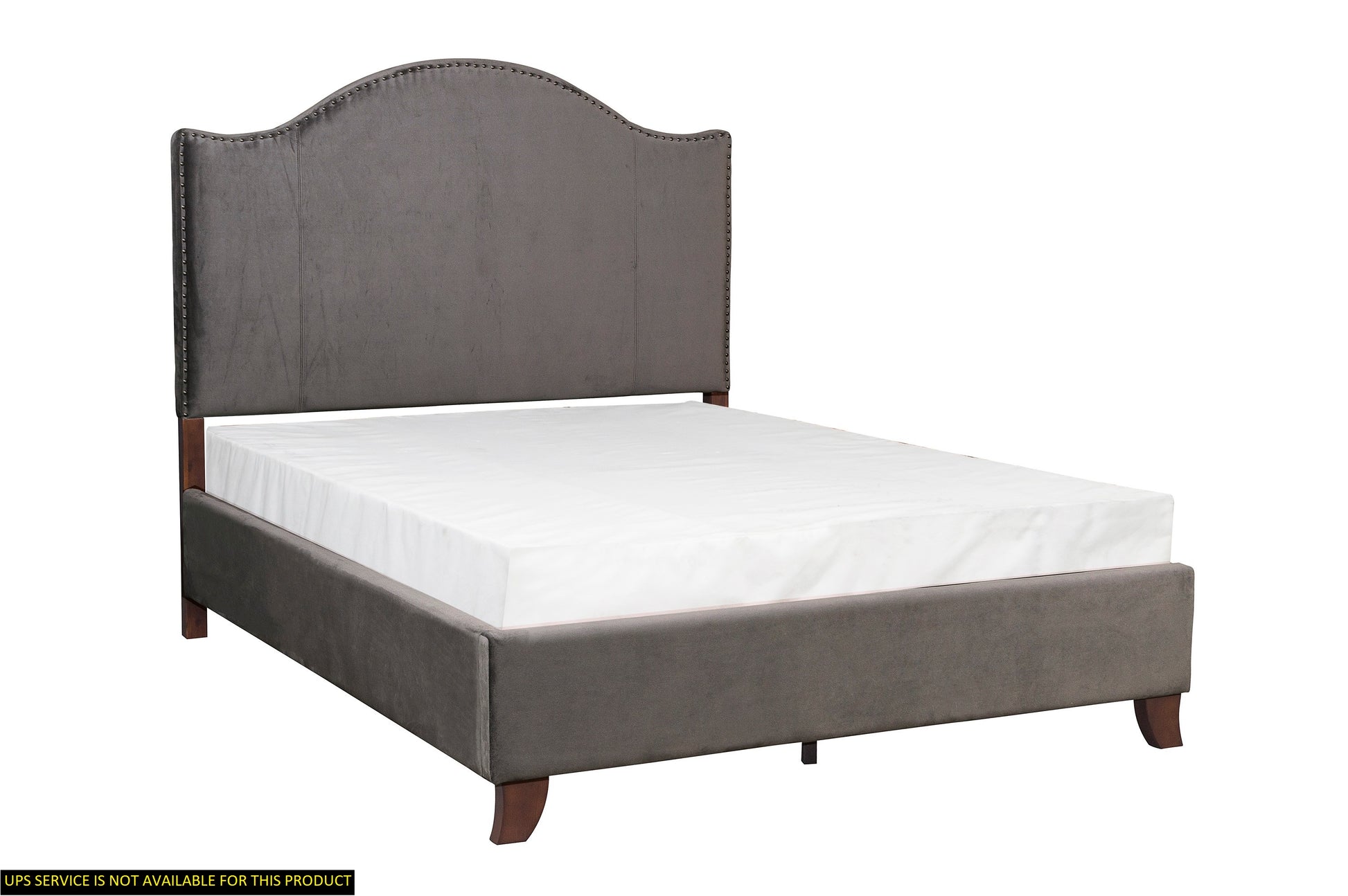 Elegant grey velvet upholstered bed frame with studded arched headboard and wooden legs