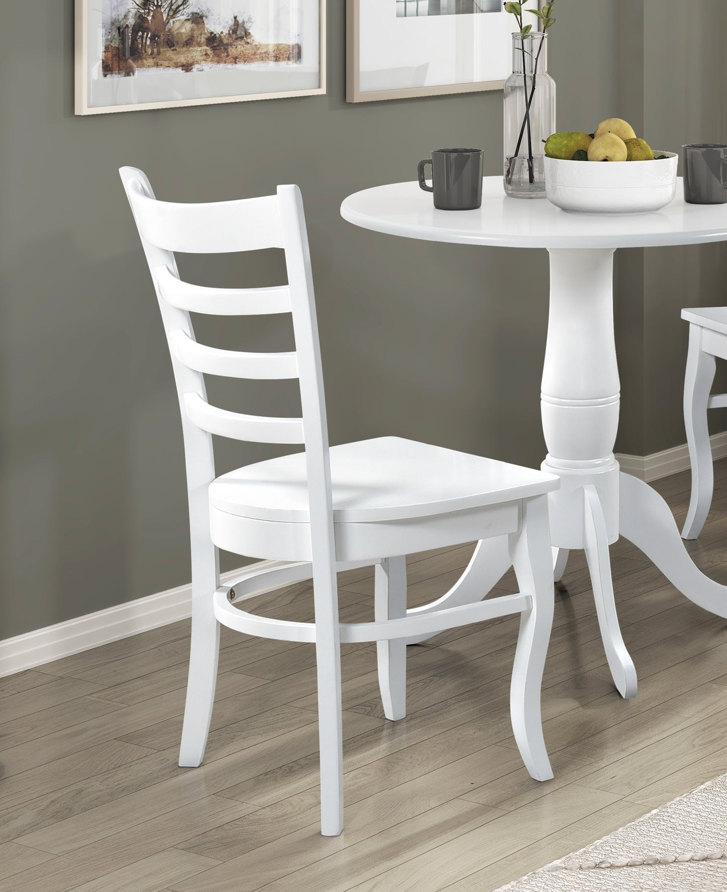 White ladder back dining chair with a solid wood seat perfect for kitchens