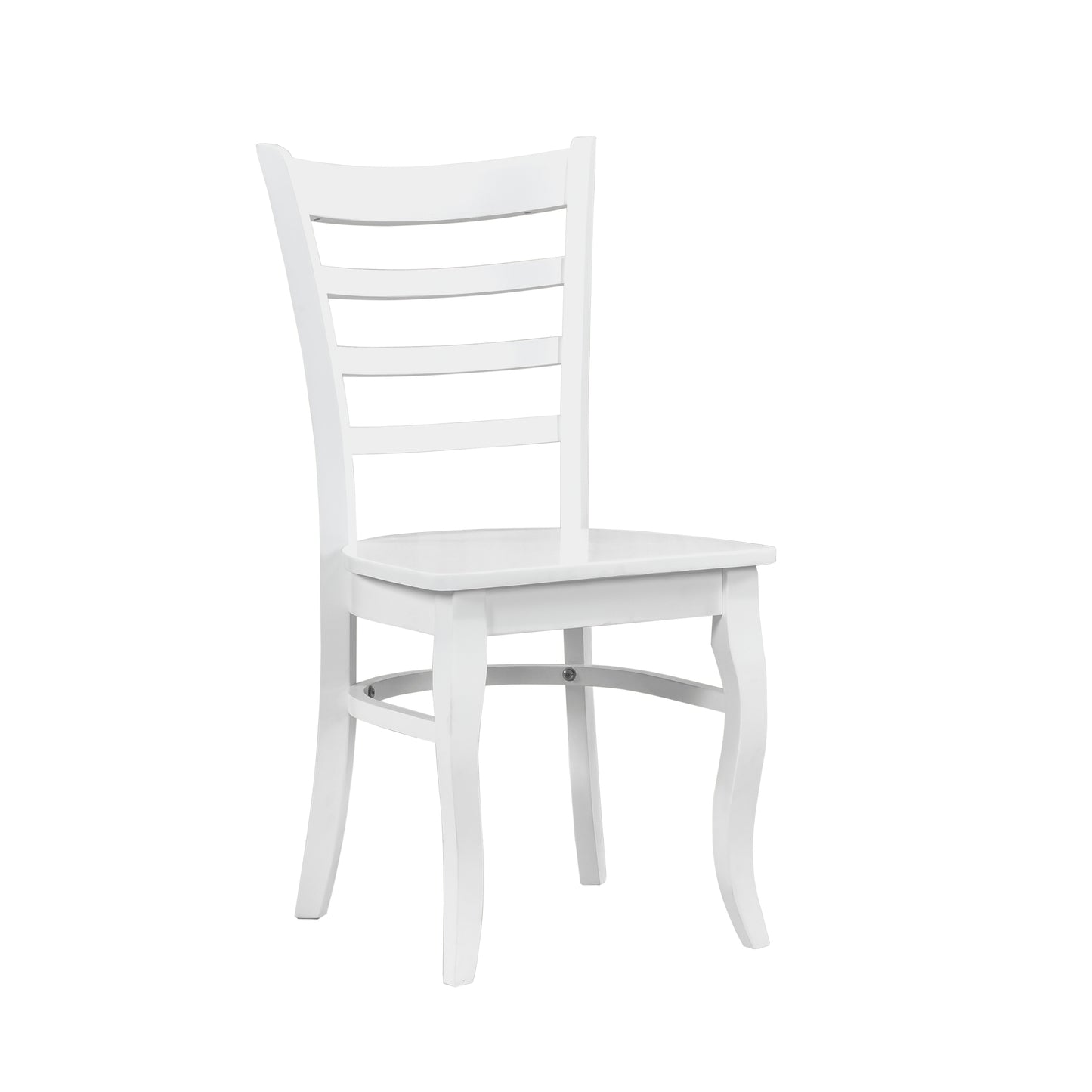 White wooden dining chair with ladder back design and curved legs perfect for kitchen or restaurant settings