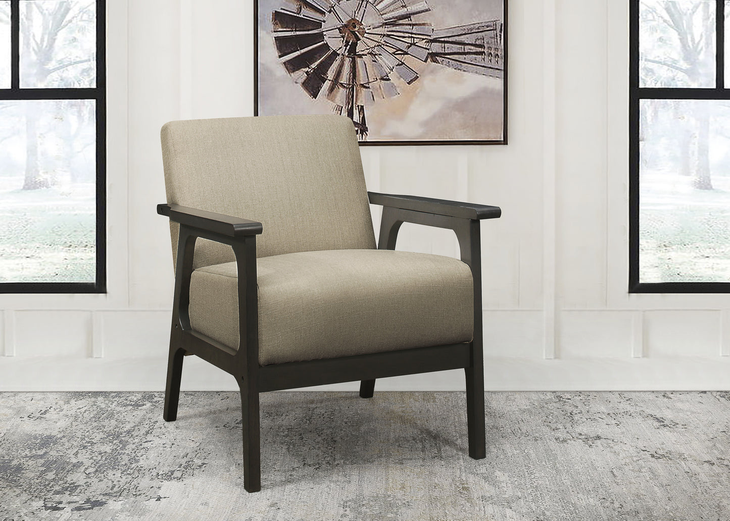 Modern accent chair with textured taupe upholstery and dark wood arms for living room comfort
