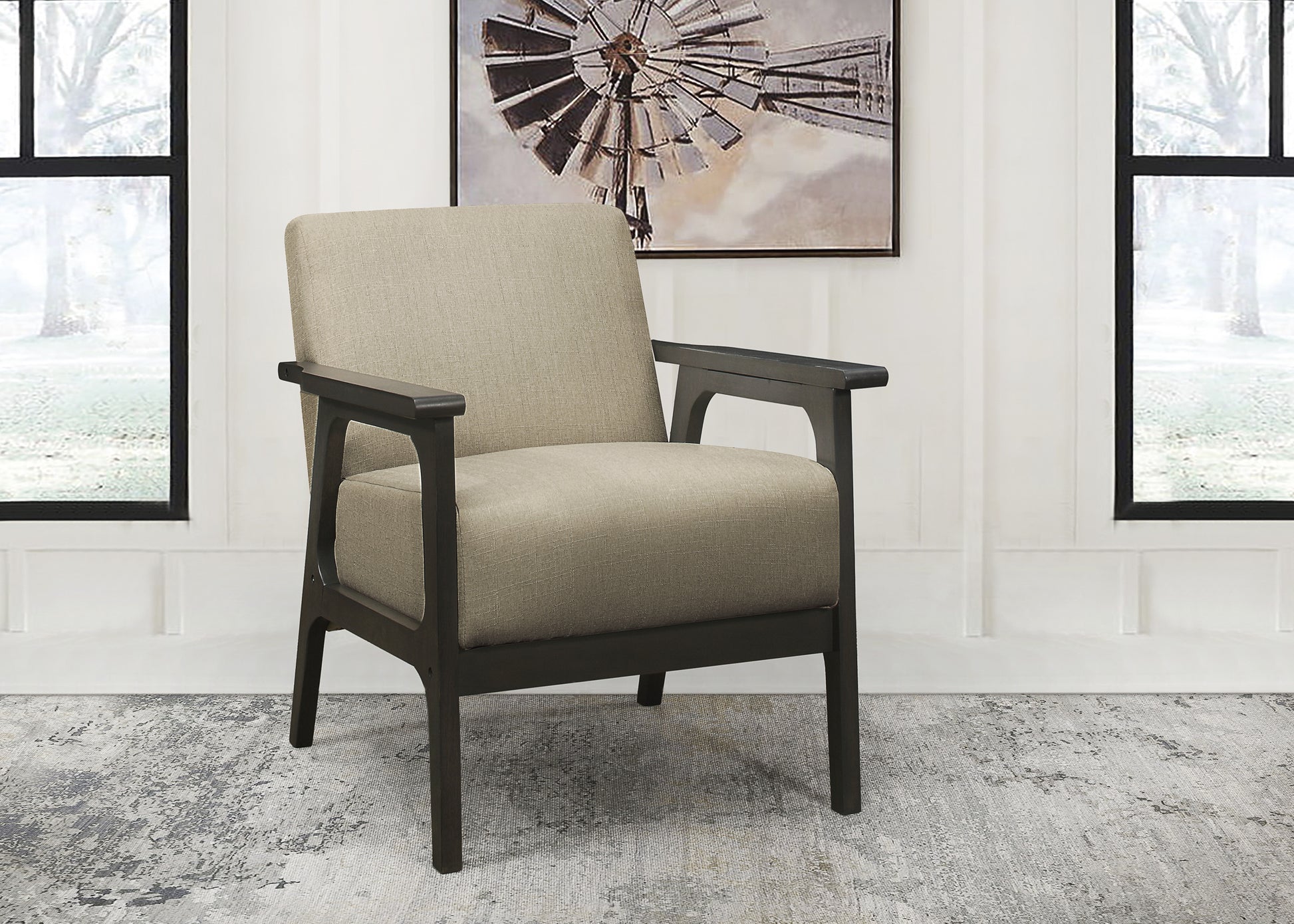 Modern accent chair with textured taupe upholstery and dark wood arms for living room comfort