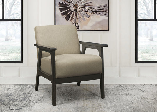 Modern accent chair with textured taupe upholstery and dark wood arms for living room comfort