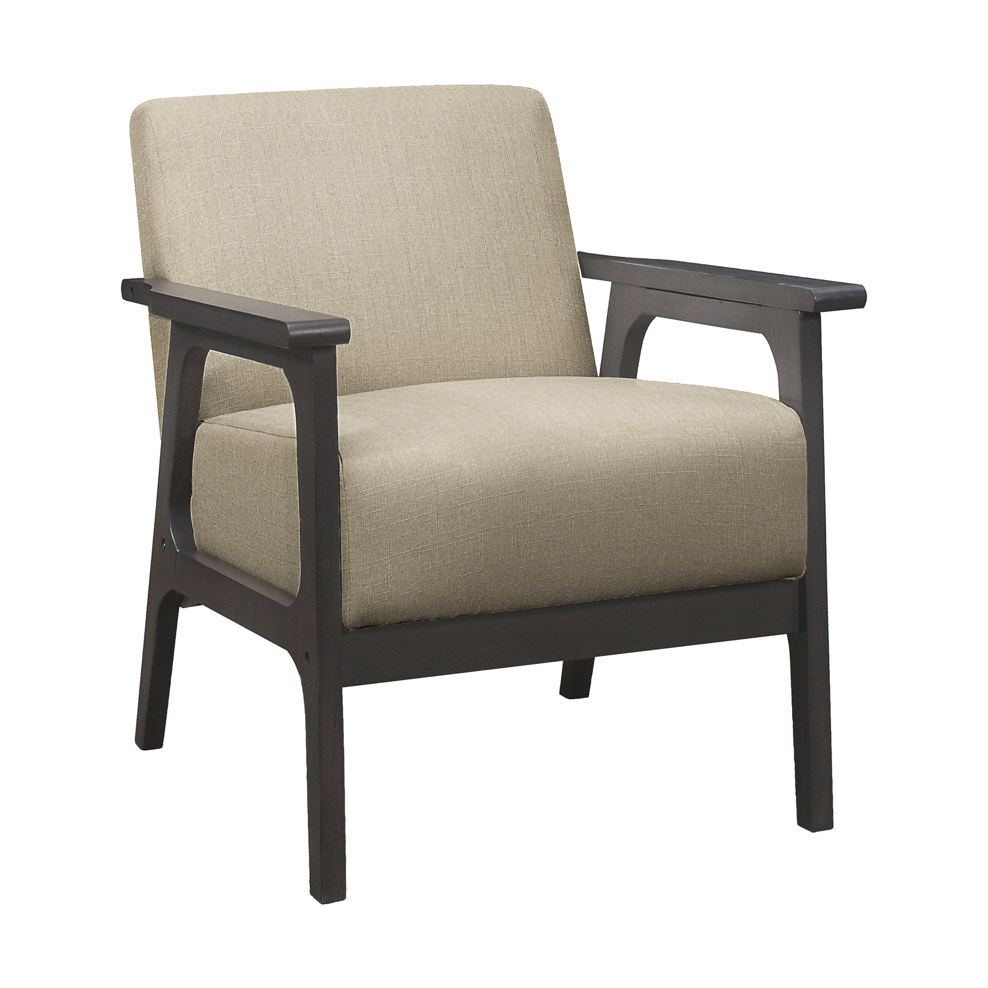 Beige linen upholstered accent chair with dark wood frame perfect for modern living rooms