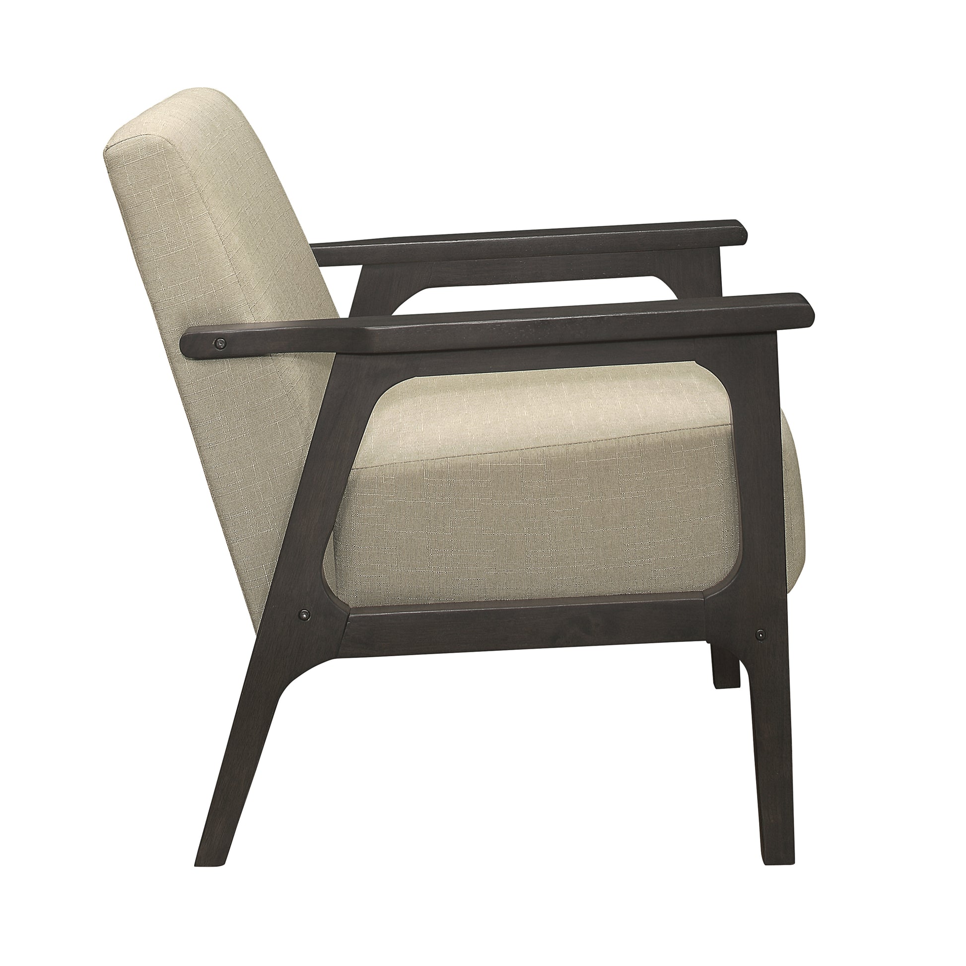 Beige fabric accent chair with dark wood frame and arms perfect for living rooms