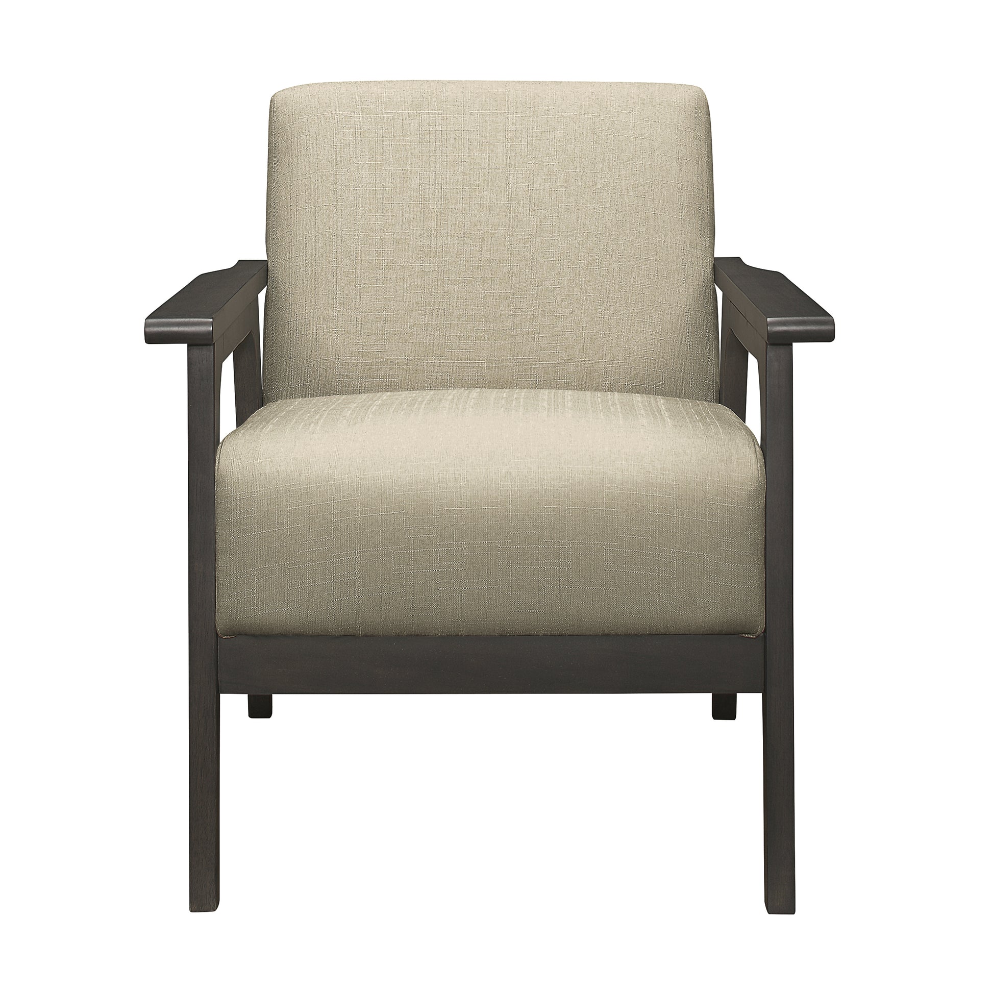 Comfortable beige upholstered accent chair with dark wood frame perfect for living rooms