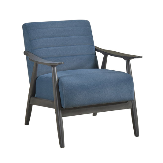 Blue fabric accent chair with dark wood frame and tapered legs