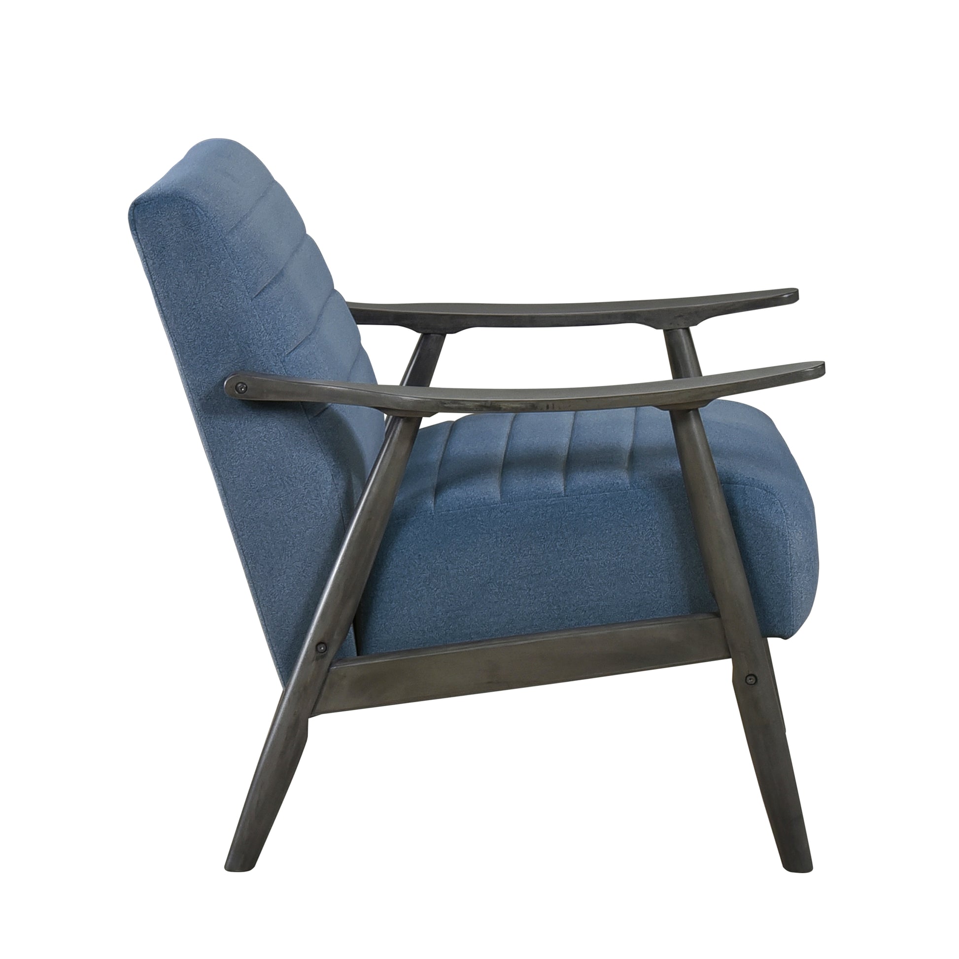 Blue upholstered armchair with dark wood frame and curved arms midcentury modern style