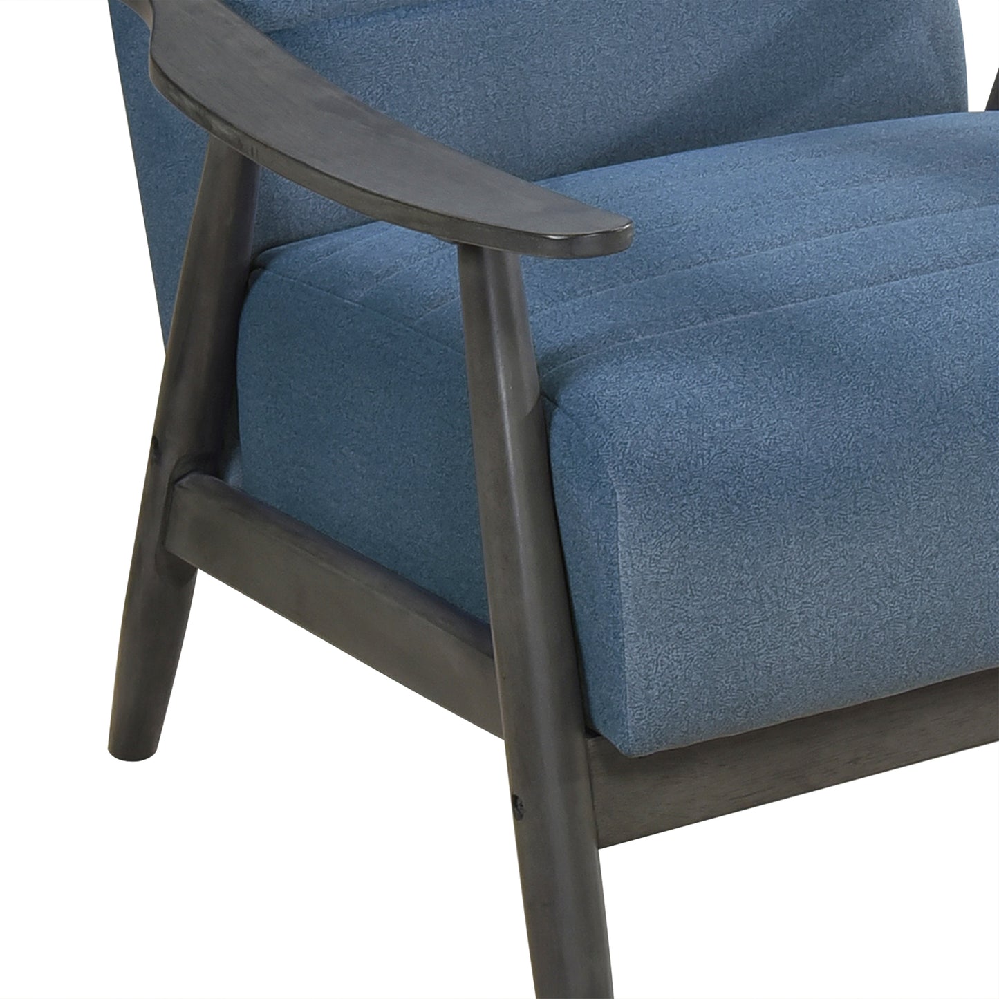 Closeup of a blue fabric armchair with dark wooden armrests and legs